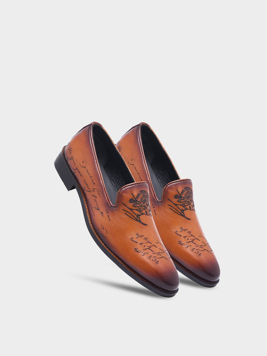 The Vinci Slipons - Hand Painted Slip-ons in Burnished Tan with Script Engraving