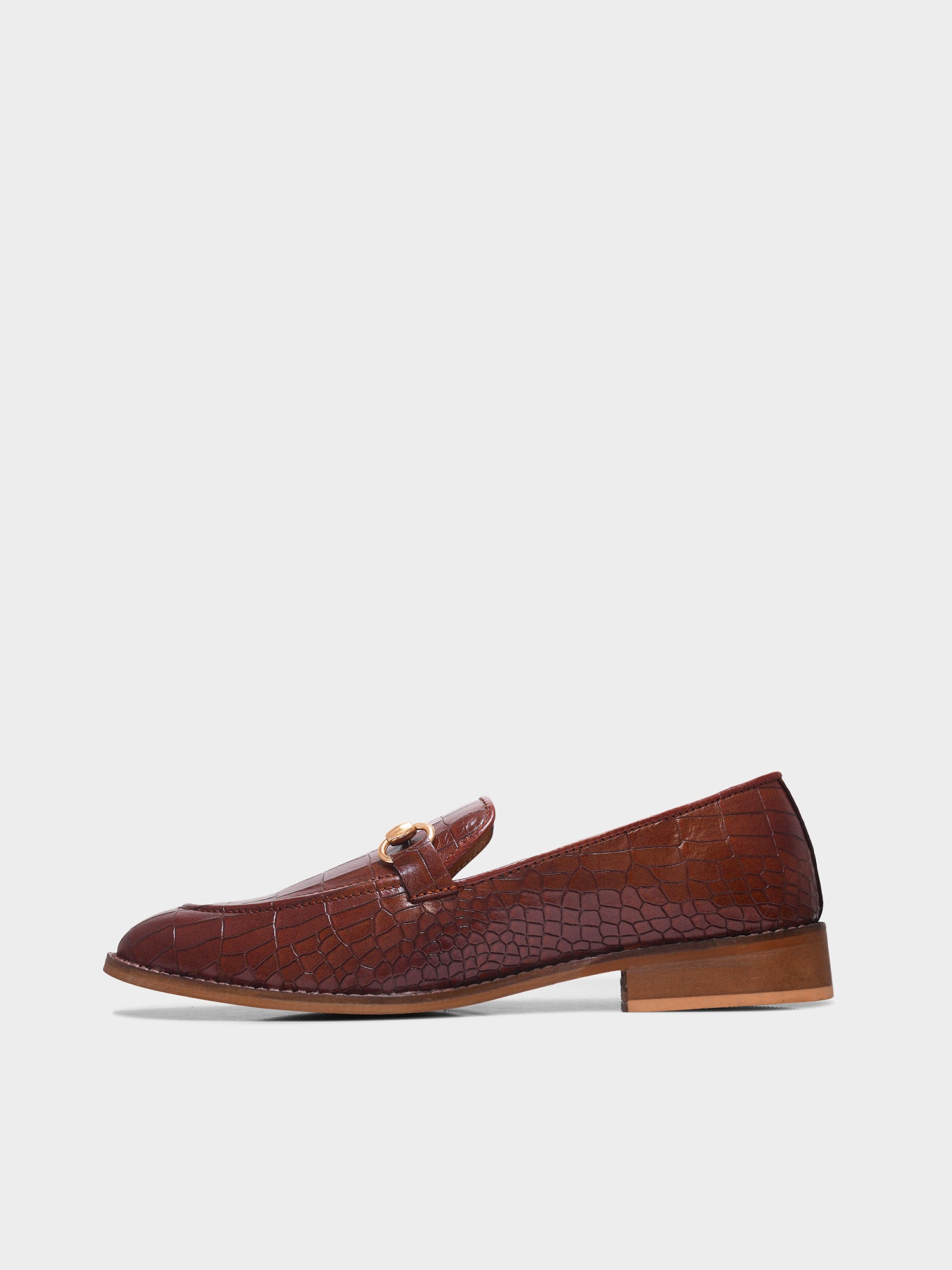 Tan leather horsebit loafers in crocodile texture