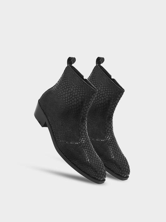 Morgoth - Sqaure Toe Cuban Heel Boot in Black Snakeskin-Textured Leather | RNK LUXE