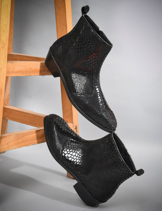Morgoth - Sqaure Toe Cuban Heel Boot in Black Snakeskin-Textured Leather | RNK LUXE