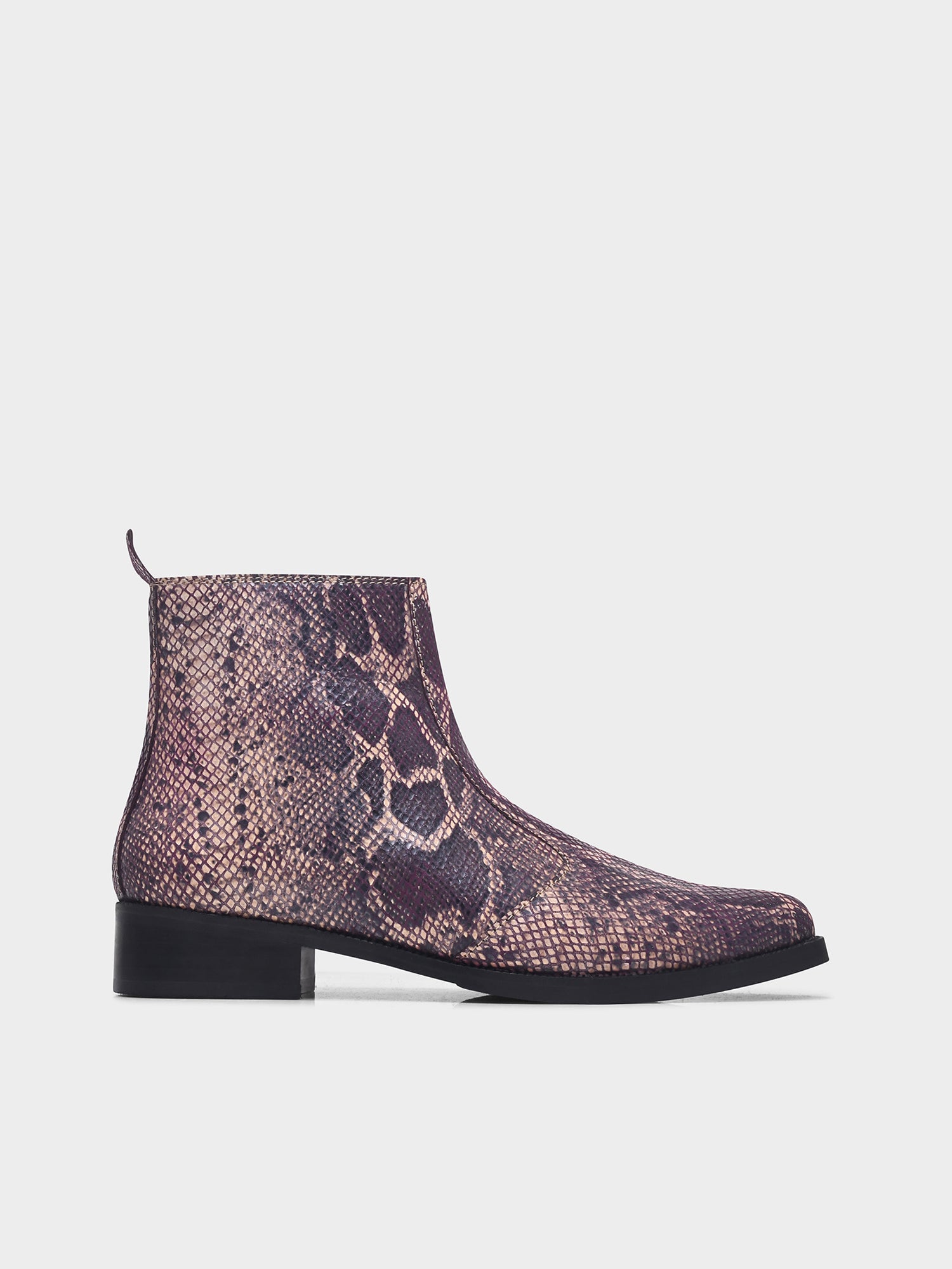 Python snake-patterned Chelsea boots with side zipper and mid heel