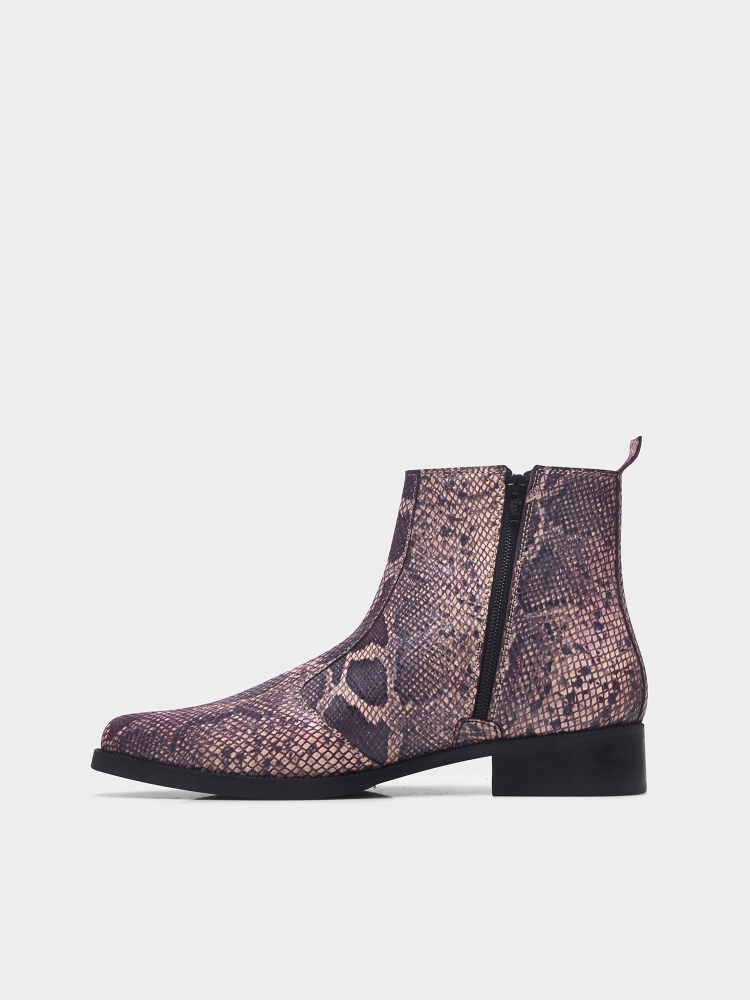 Python snake-patterned Chelsea boots with side zipper and mid heel