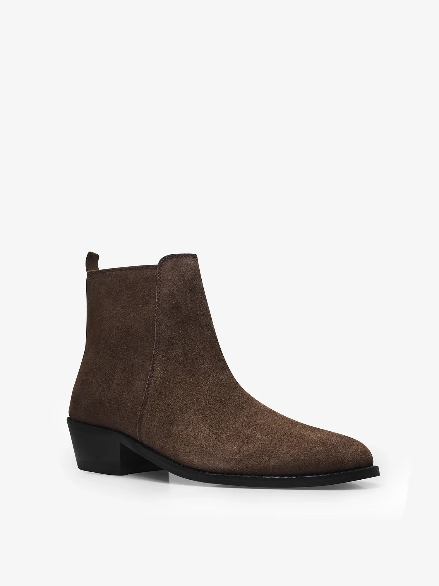 A men's luxury suede leather Chelsea boot with a cuban heel and zip side panels, in a brown color.