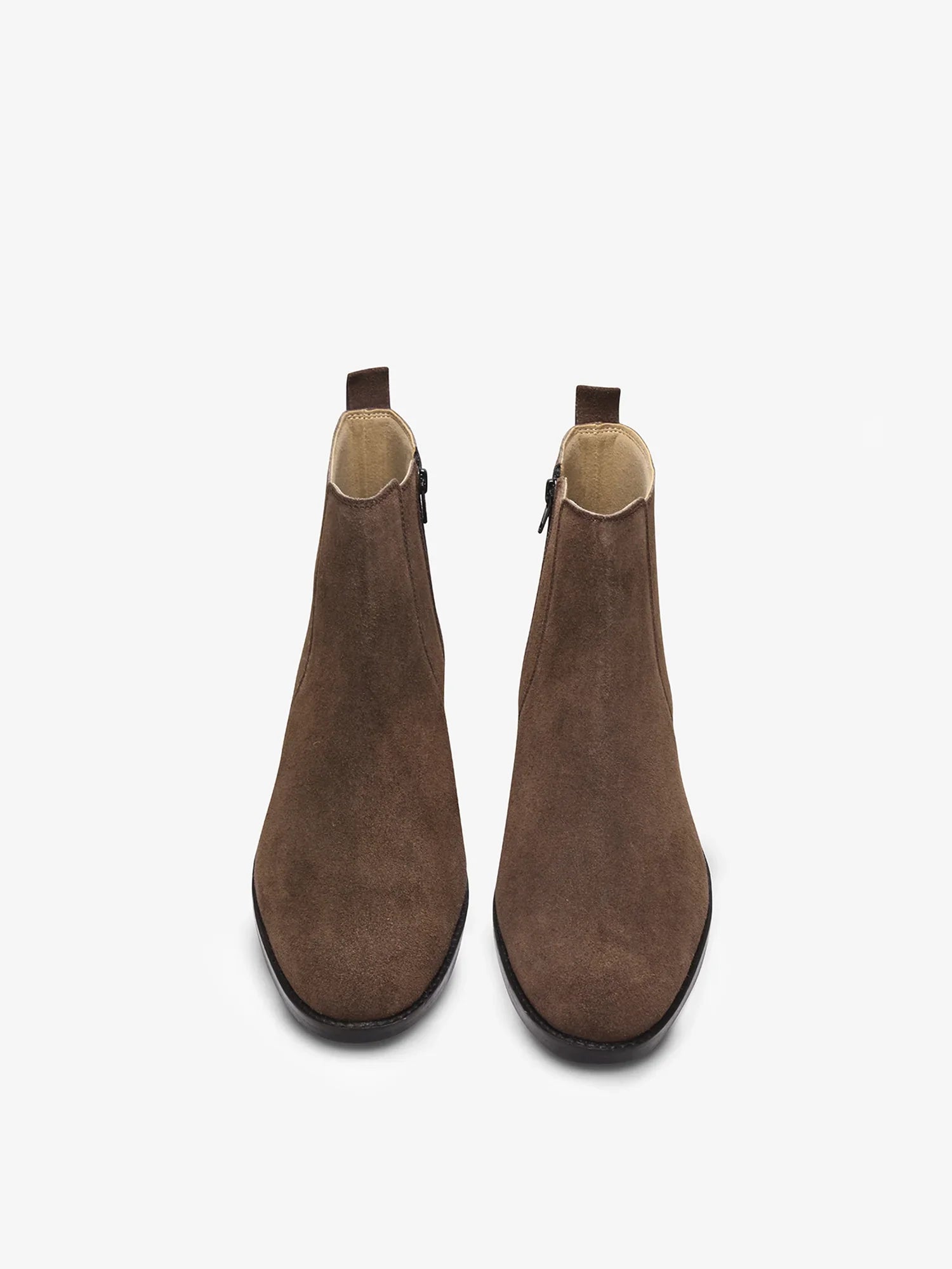 A men's luxury suede leather Chelsea boot with a cuban heel and zip side panels, in a brown color.