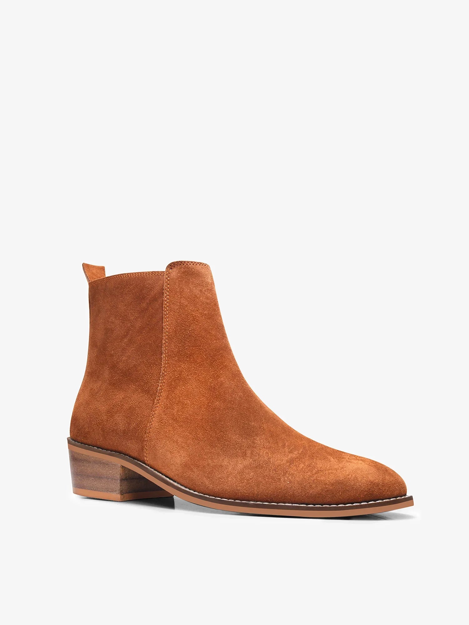 A men's luxury suede leather Chelsea boot with a cuban heel and zip side panels, in a camel color.