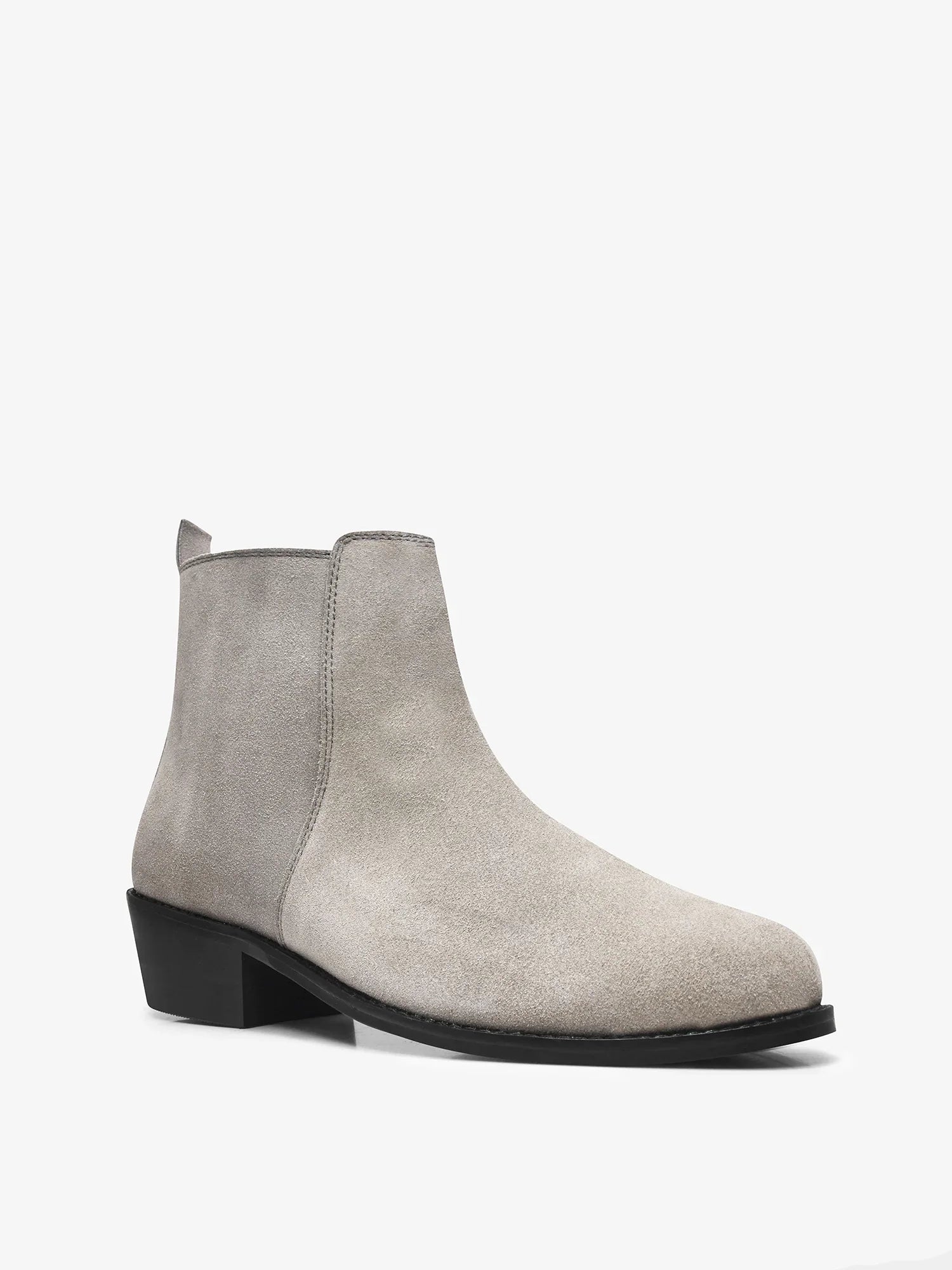 A men's luxury suede leather Chelsea boot with a cuban heel and zip side panels, in a gray color.