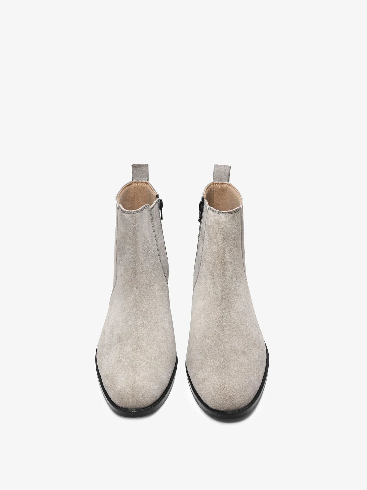 A men's luxury suede leather Chelsea boot with a cuban heel and zip side panels, in a gray color.