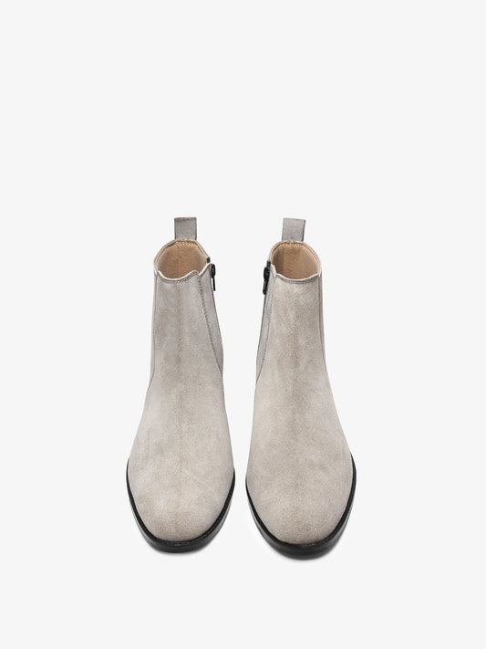 A men's luxury suede leather Chelsea boot with a cuban heel and zip side panels, in a gray color.