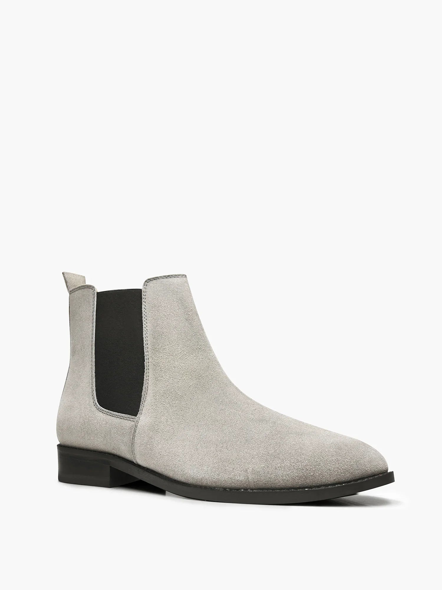 A men's luxury suede leather Chelsea boot with a cuban heel and elastic side panels, in a gray color.