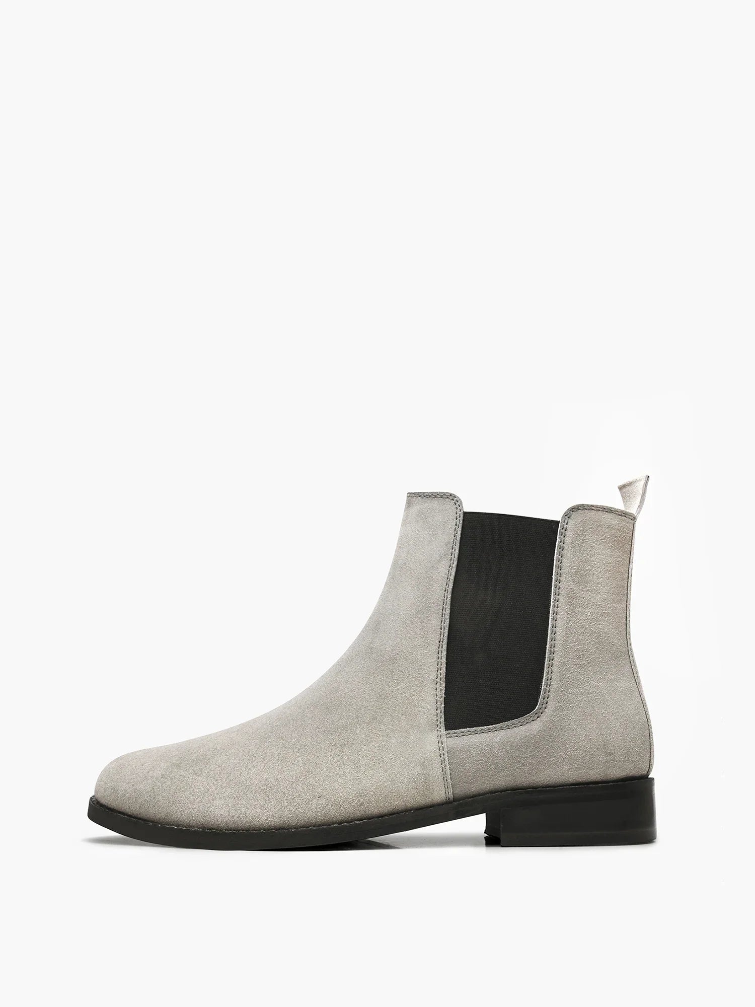 A men's luxury suede leather Chelsea boot with a cuban heel and elastic side panels, in a gray color.