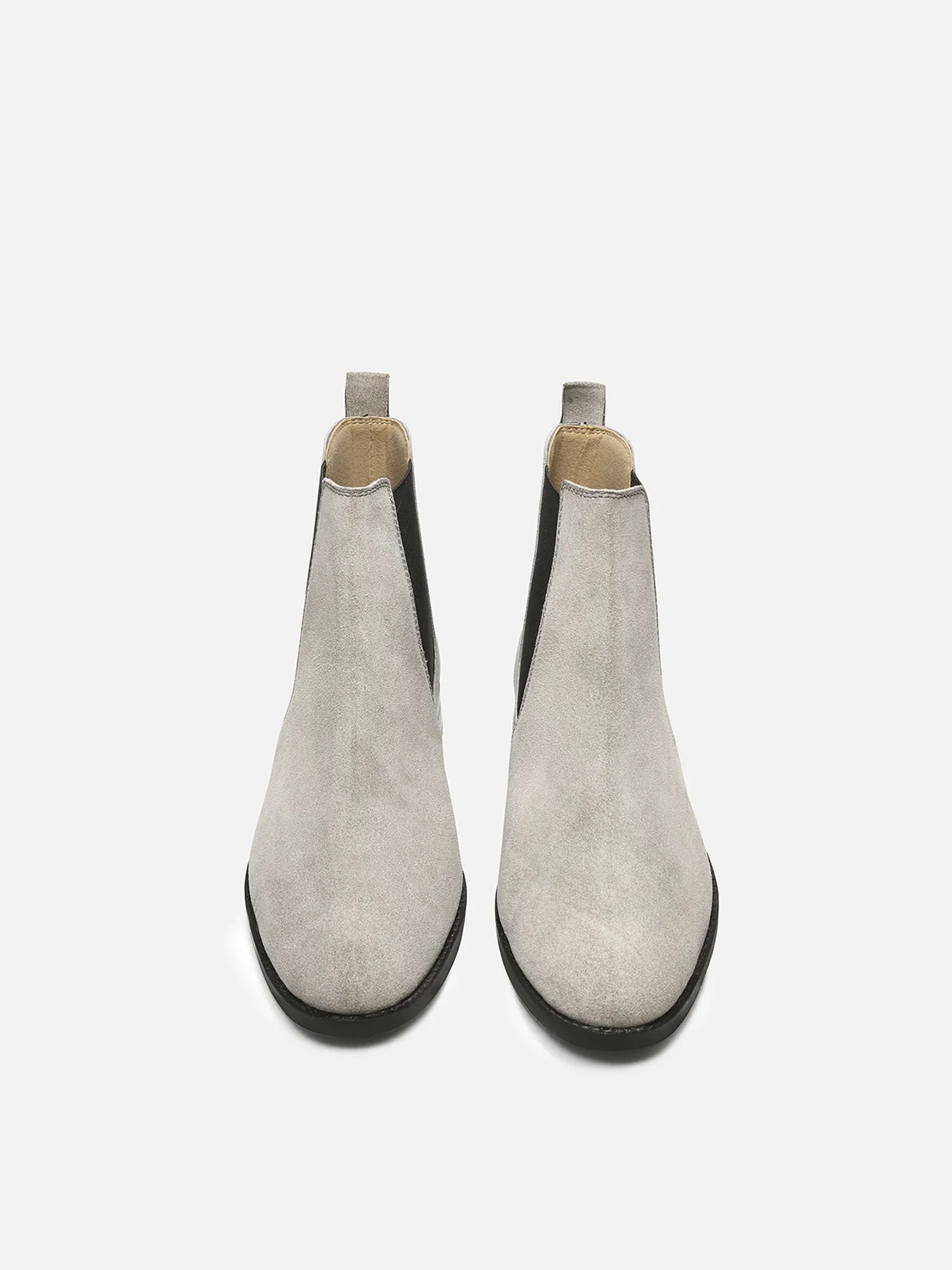 A men's luxury suede leather Chelsea boot with a cuban heel and elastic side panels, in a gray color.