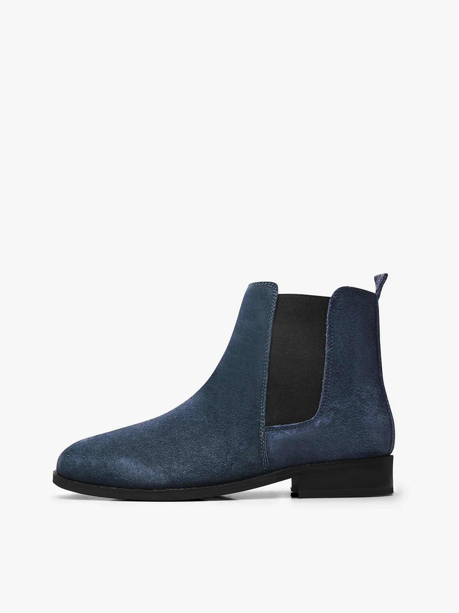 A men's luxury suede leather Chelsea boot with a cuban heel and elastic side panels, in a blue color.