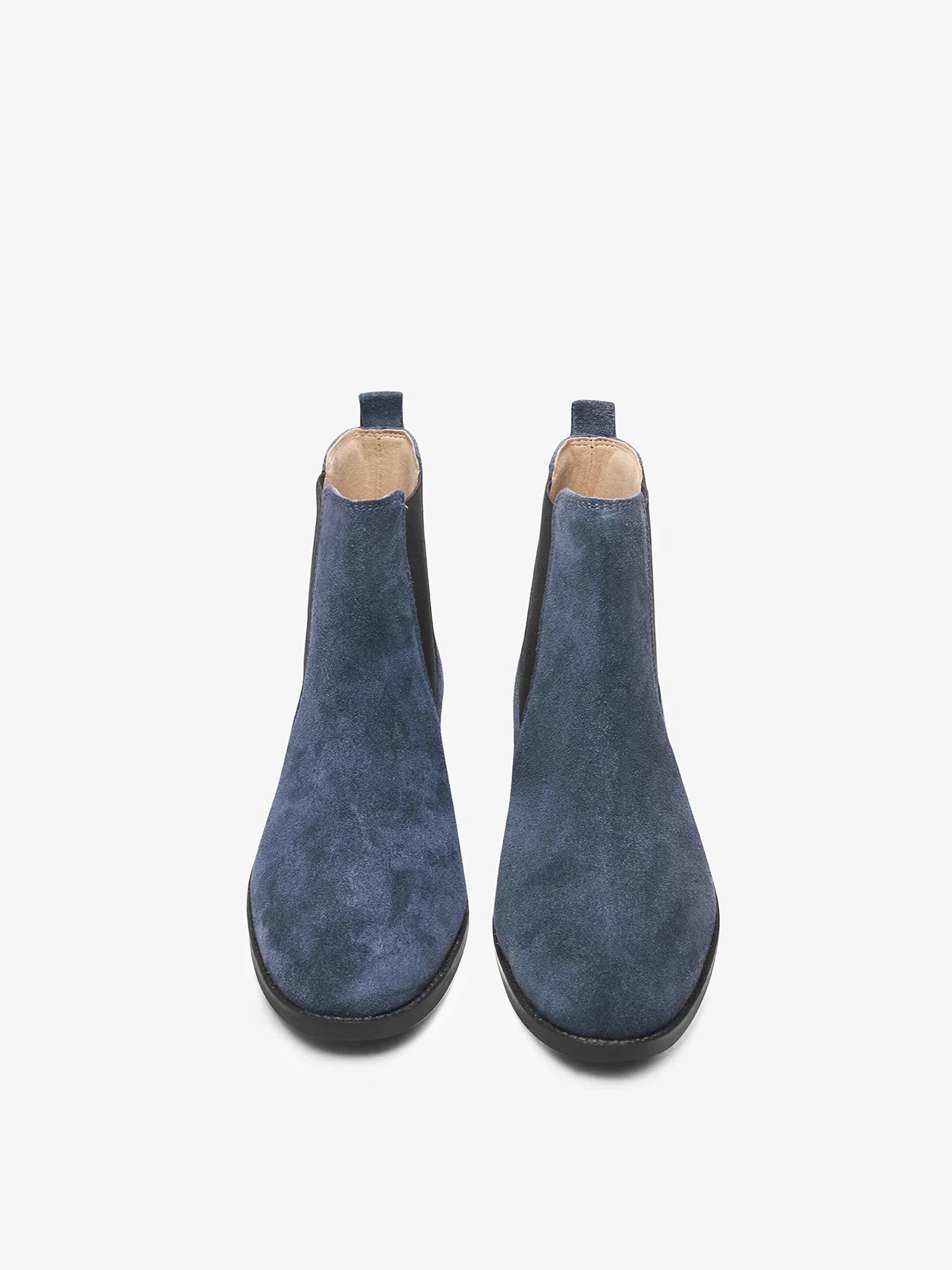 A men's luxury suede leather Chelsea boot with a cuban heel and elastic side panels, in a blue color.