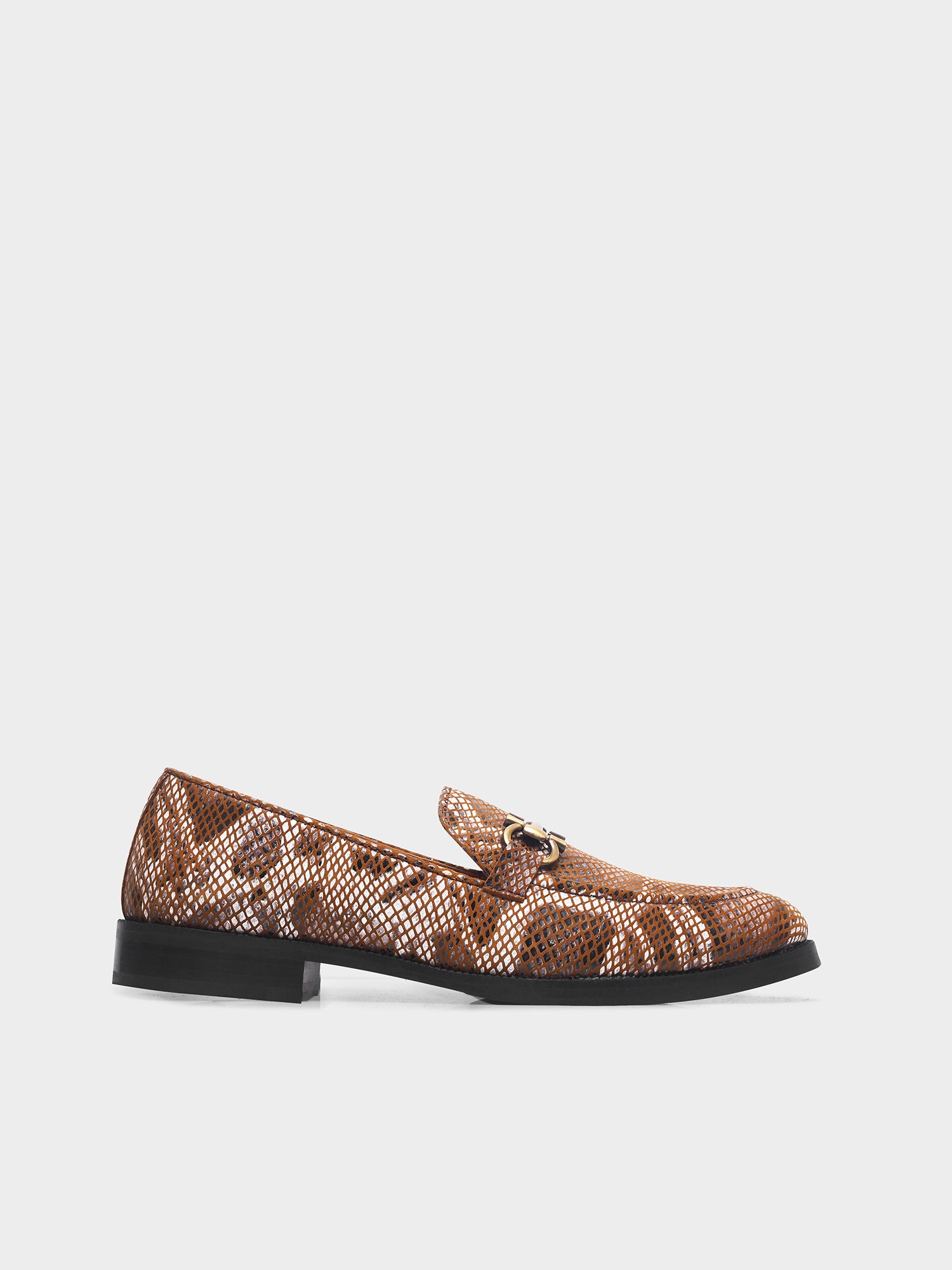 Brown snake-patterned penny loafer shoe on mid heel with a horsebit buckle