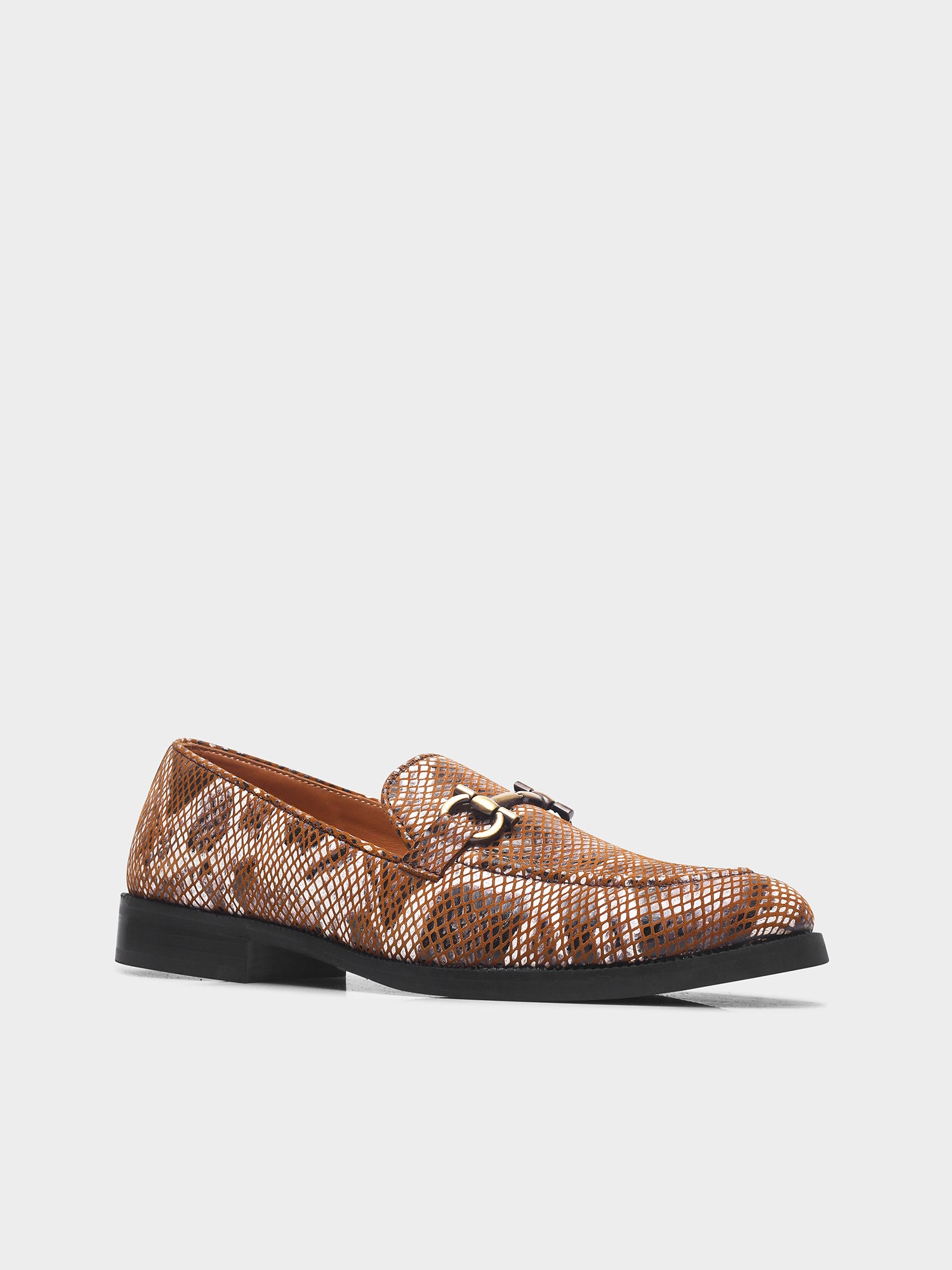 Brown snake-patterned penny loafer shoe on mid heel with a horsebit buckle