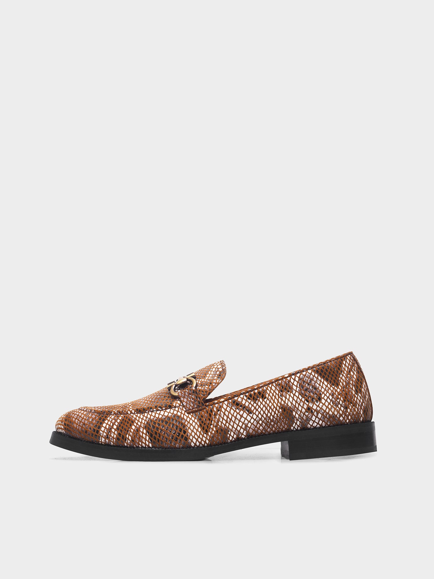 Brown snake-patterned penny loafer shoe on mid heel with a horsebit buckle