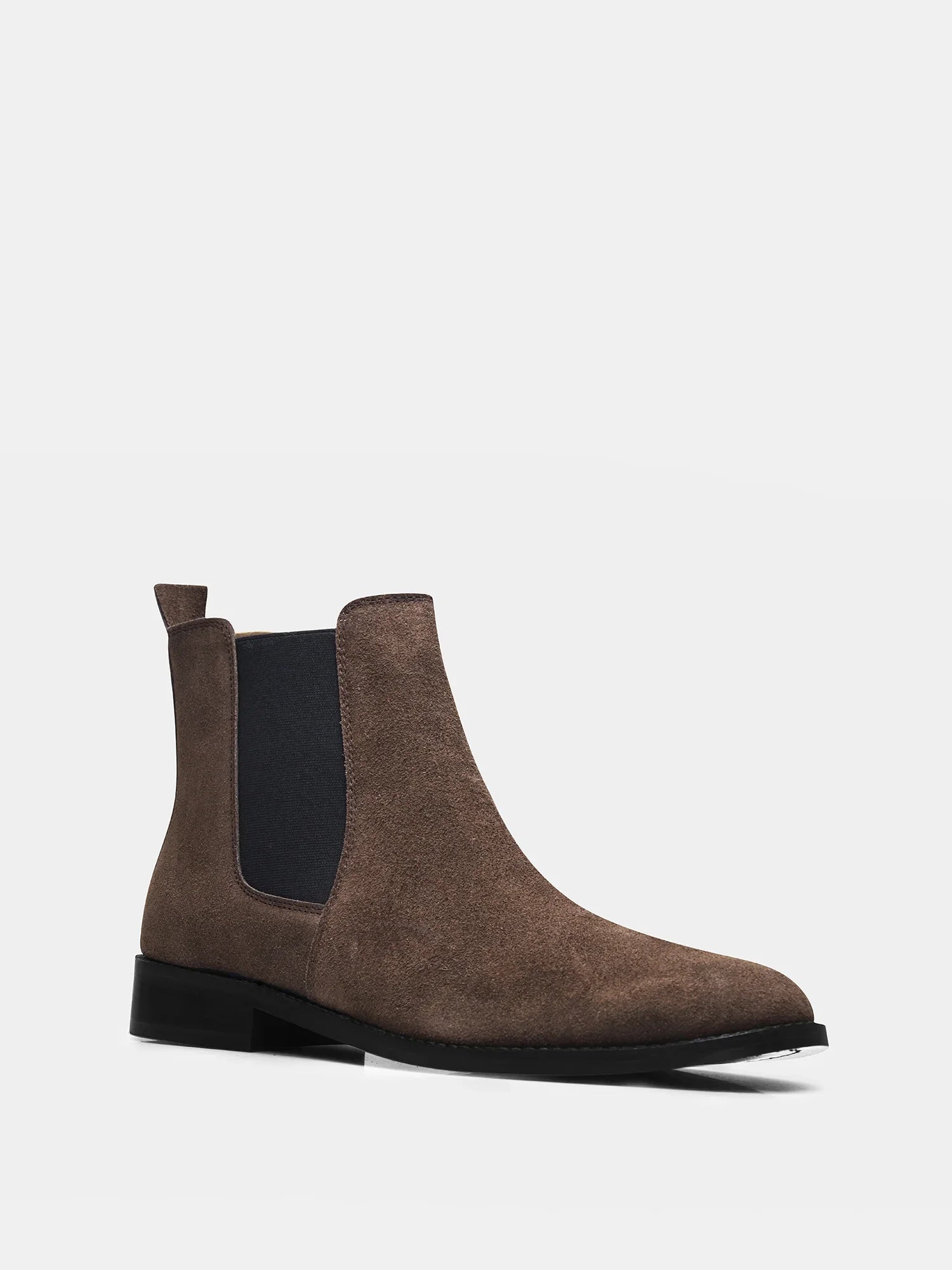 A men's luxury suede leather Chelsea boot with a mid heel and elastic side panels, in a brown color.