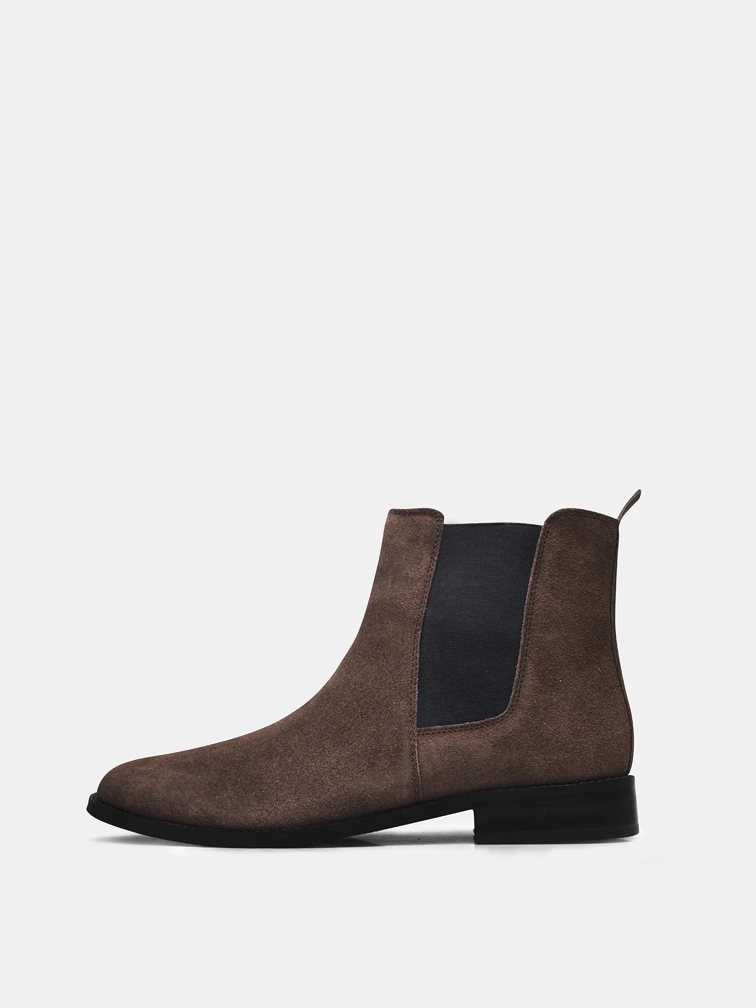 A men's luxury suede leather Chelsea boot with a mid heel and elastic side panels, in a brown color.