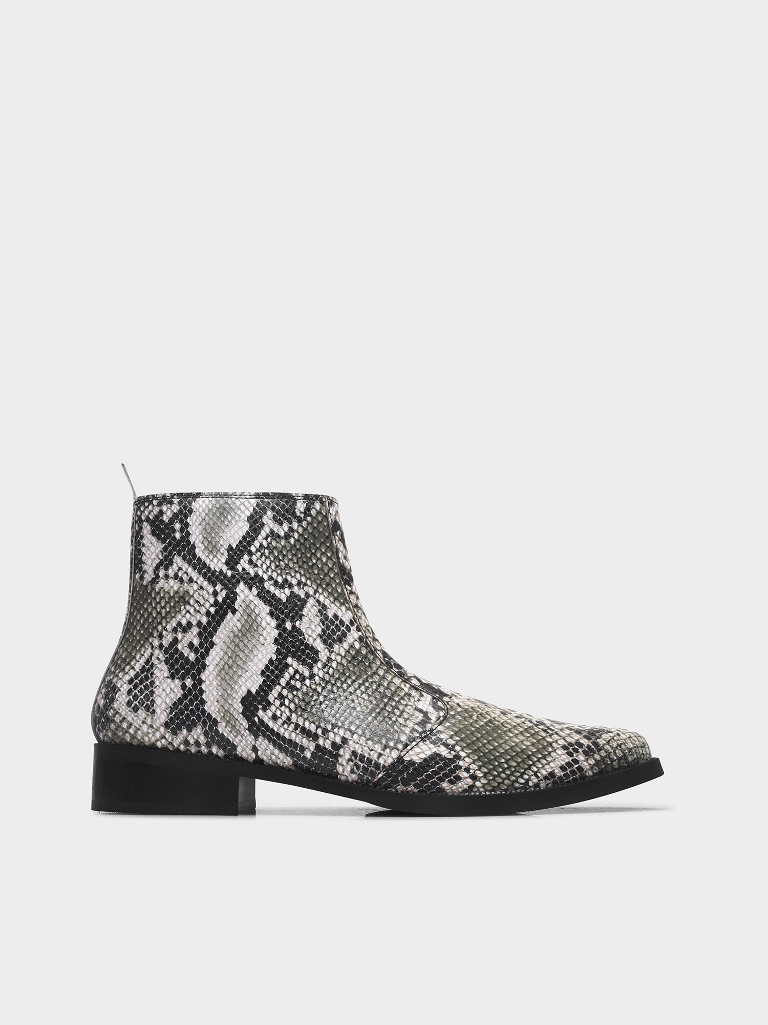 Python snake-patterned Chelsea boots with side zipper and mid heel