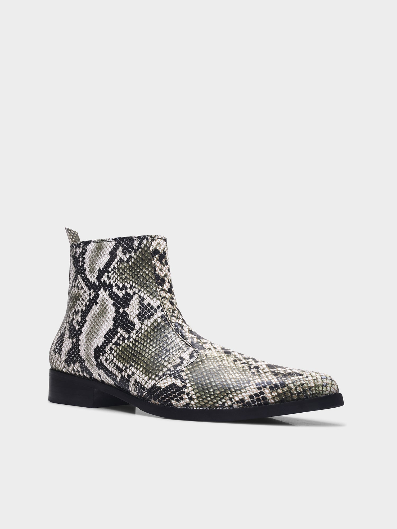 Python snake-patterned Chelsea boots with side zipper and mid heel