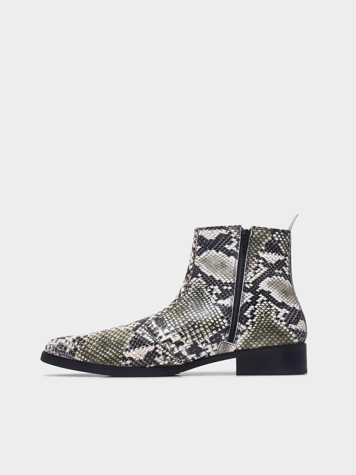 Python snake-patterned Chelsea boots with side zipper and mid heel