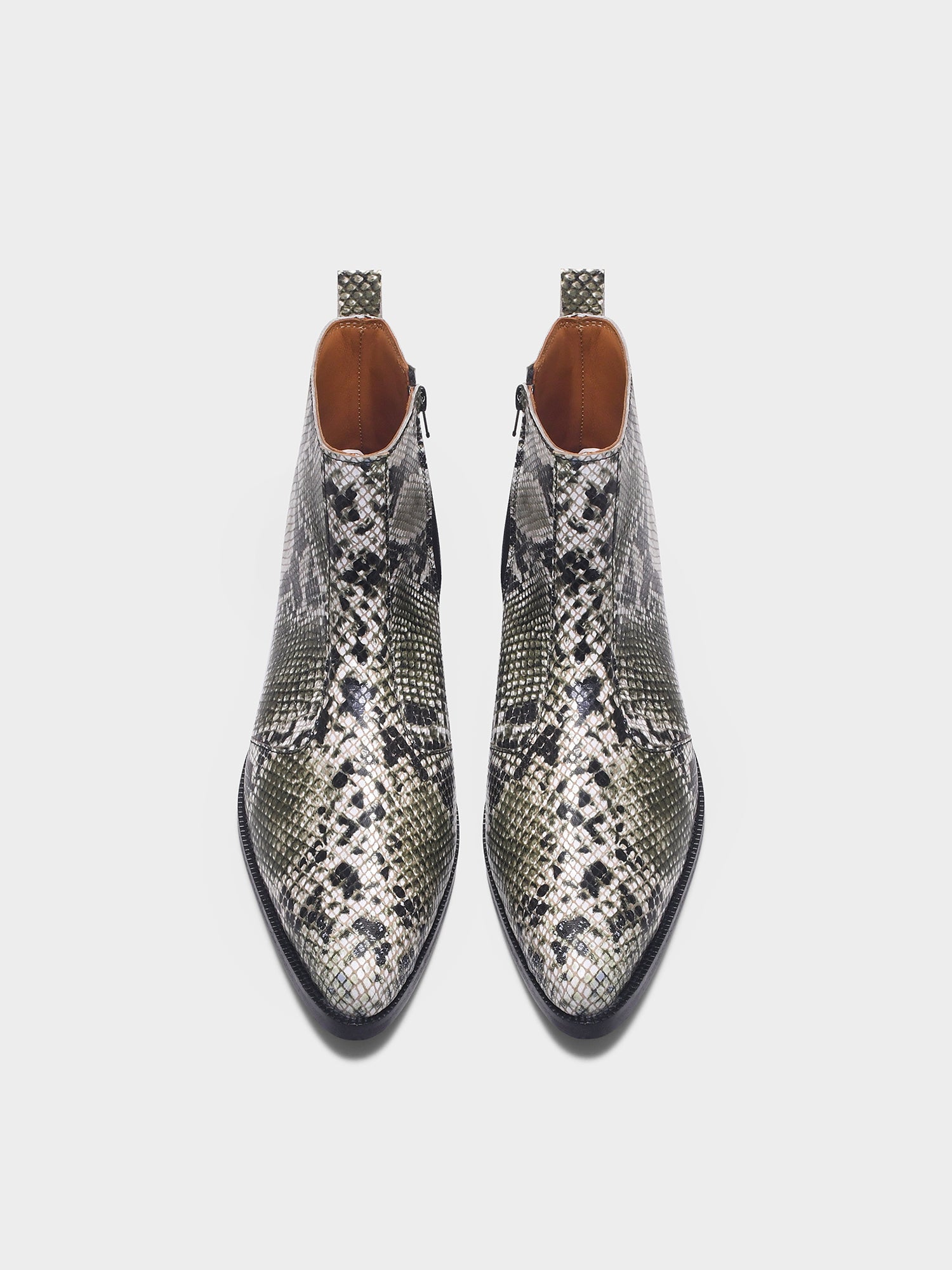 Python snake-patterned Chelsea boots with side zipper and mid heel
