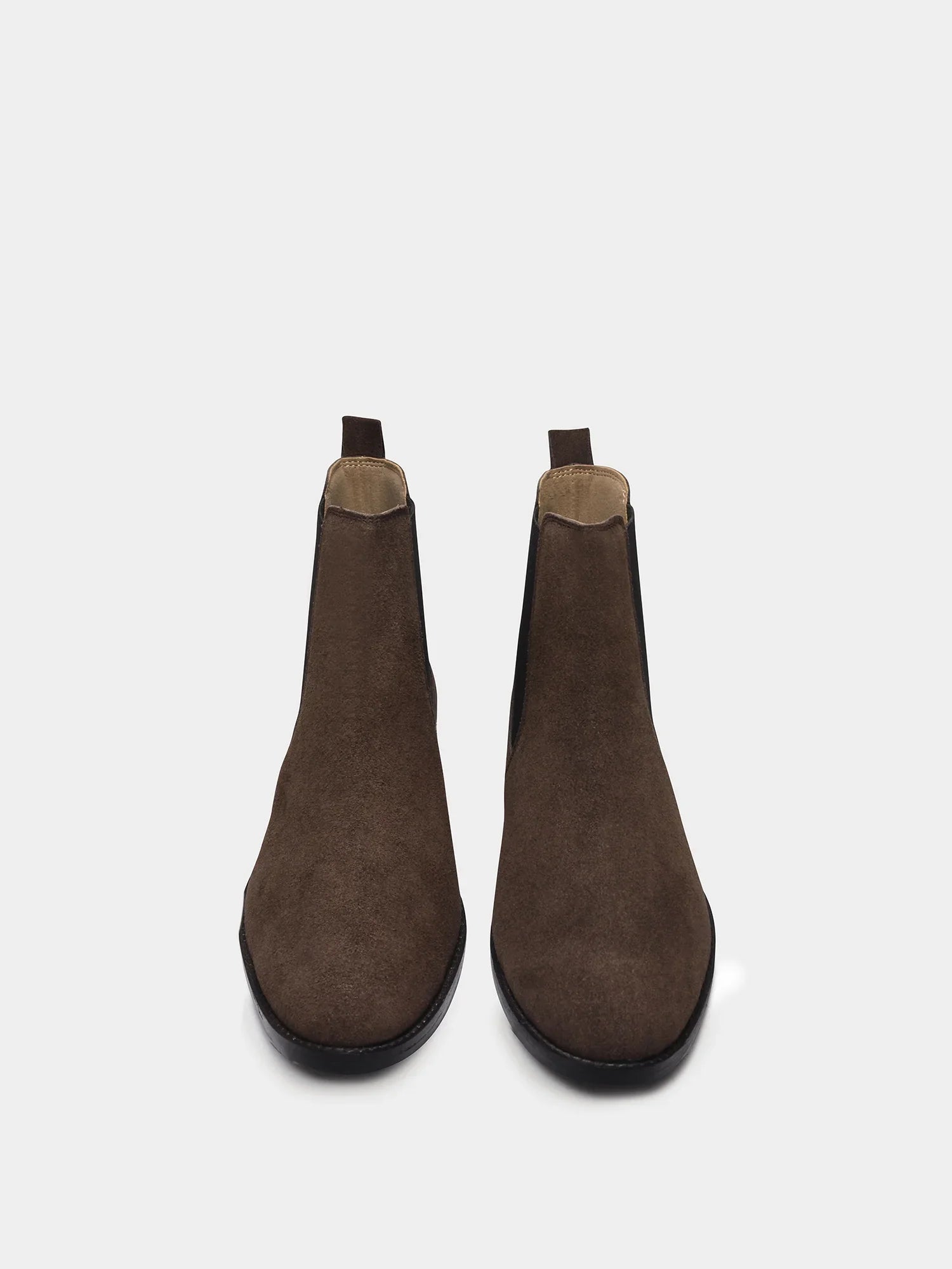 A men's luxury suede leather Chelsea boot with a mid heel and elastic side panels, in a brown color.
