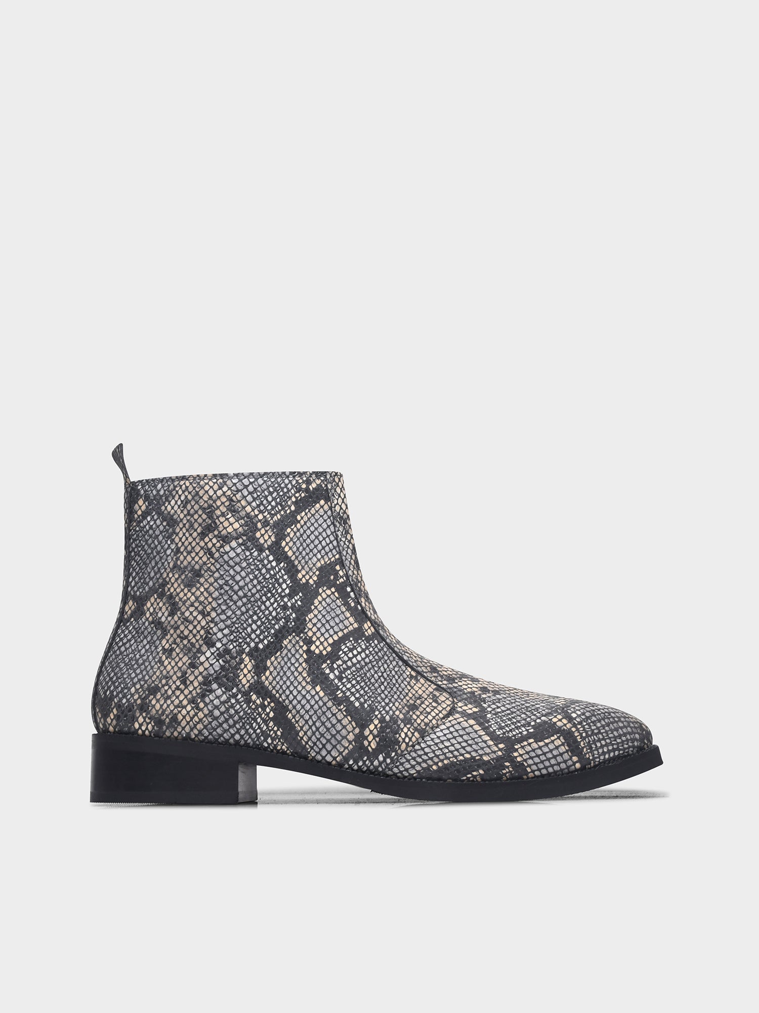 Python snake-patterned Chelsea boots with side zipper and mid heel