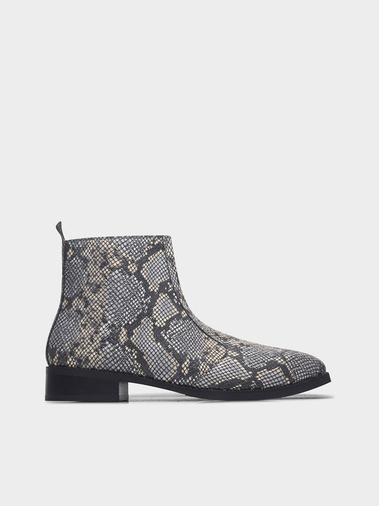 Python snake-patterned Chelsea boots with side zipper and mid heel