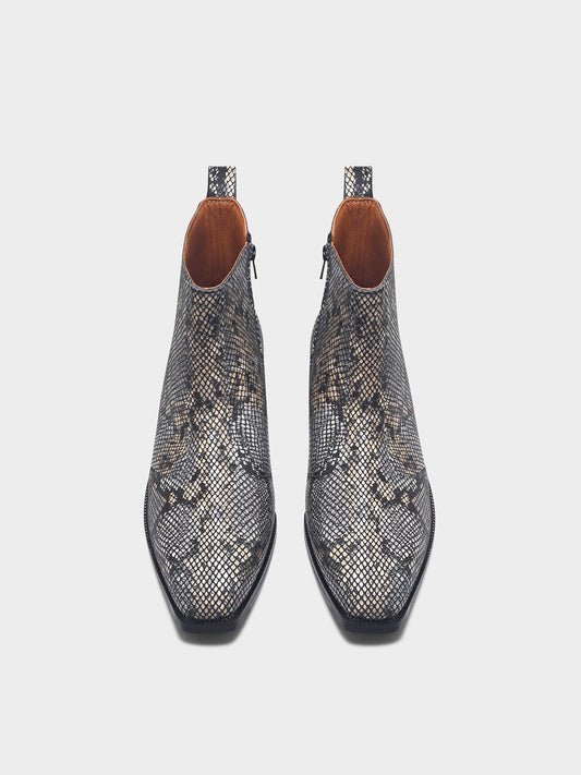 Python snake-patterned Chelsea boots with side zipper and mid heel