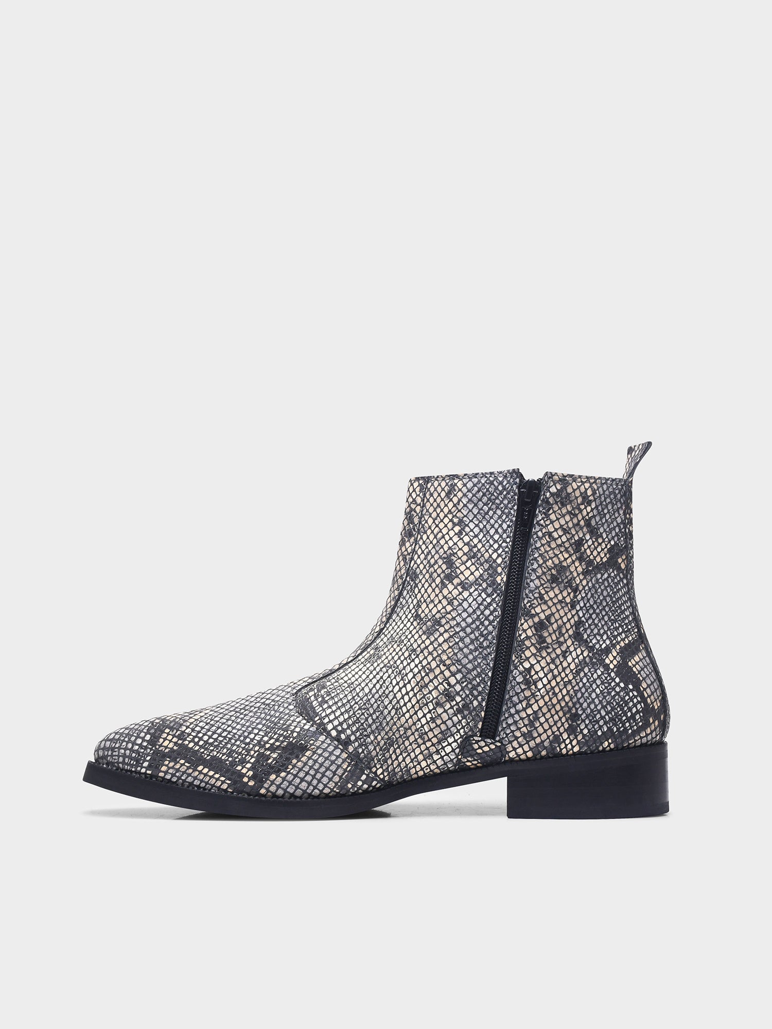 Python snake-patterned Chelsea boots with side zipper and mid heel