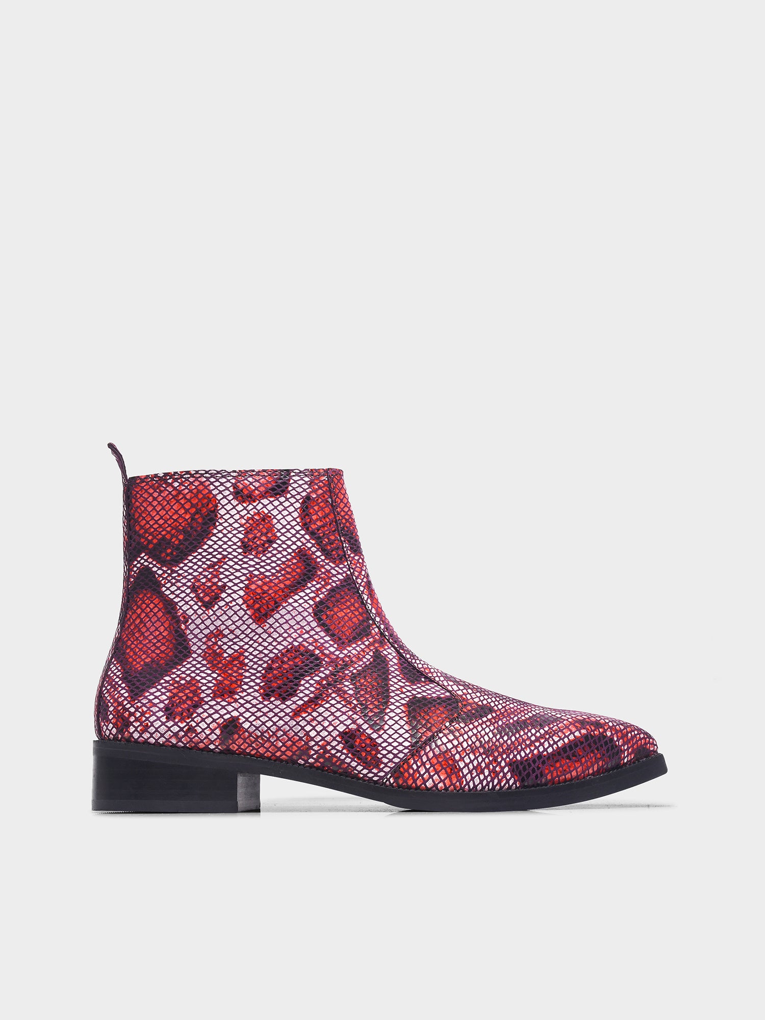 Red snake patterned  Chelsea boots with side zipper and mid heel