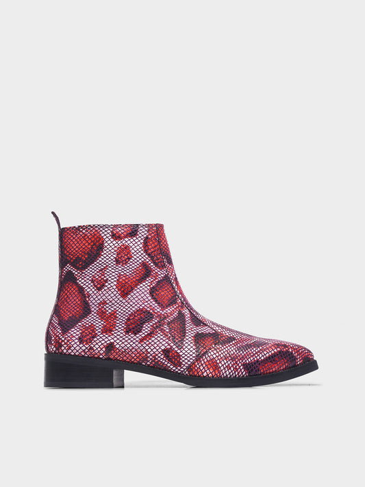 Red snake patterned  Chelsea boots with side zipper and mid heel