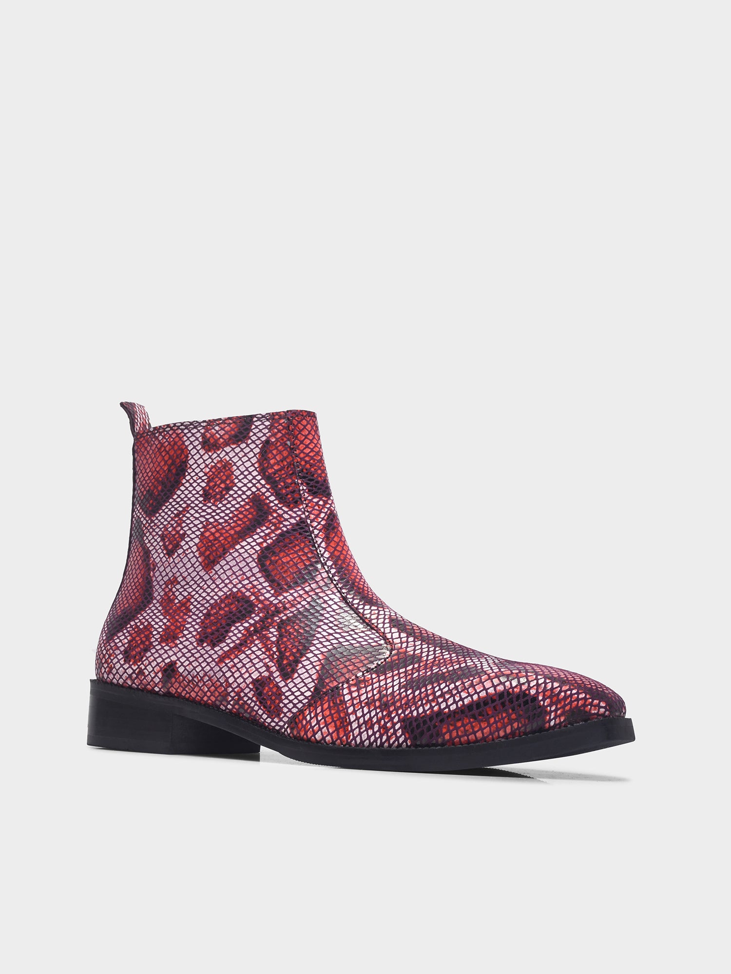 Red snake patterned  Chelsea boots with side zipper and mid heel