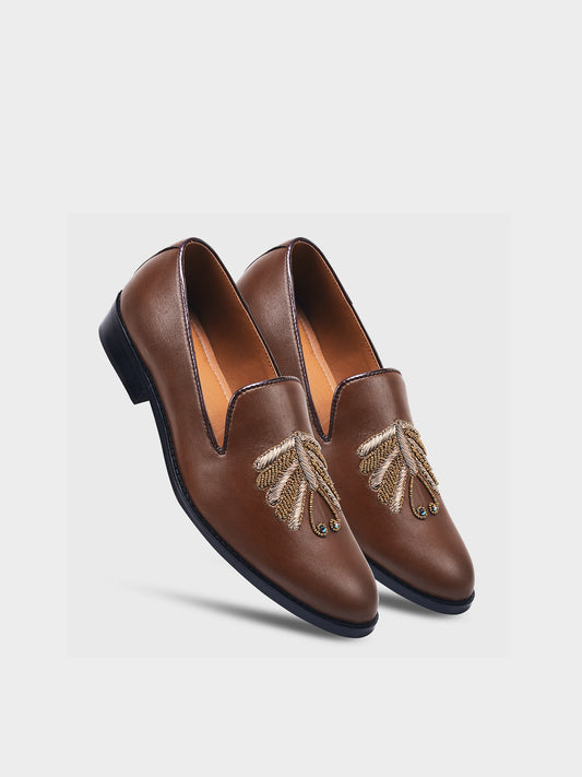 Brown Zardozi Work Leather Loafers Mojari Slip-ons