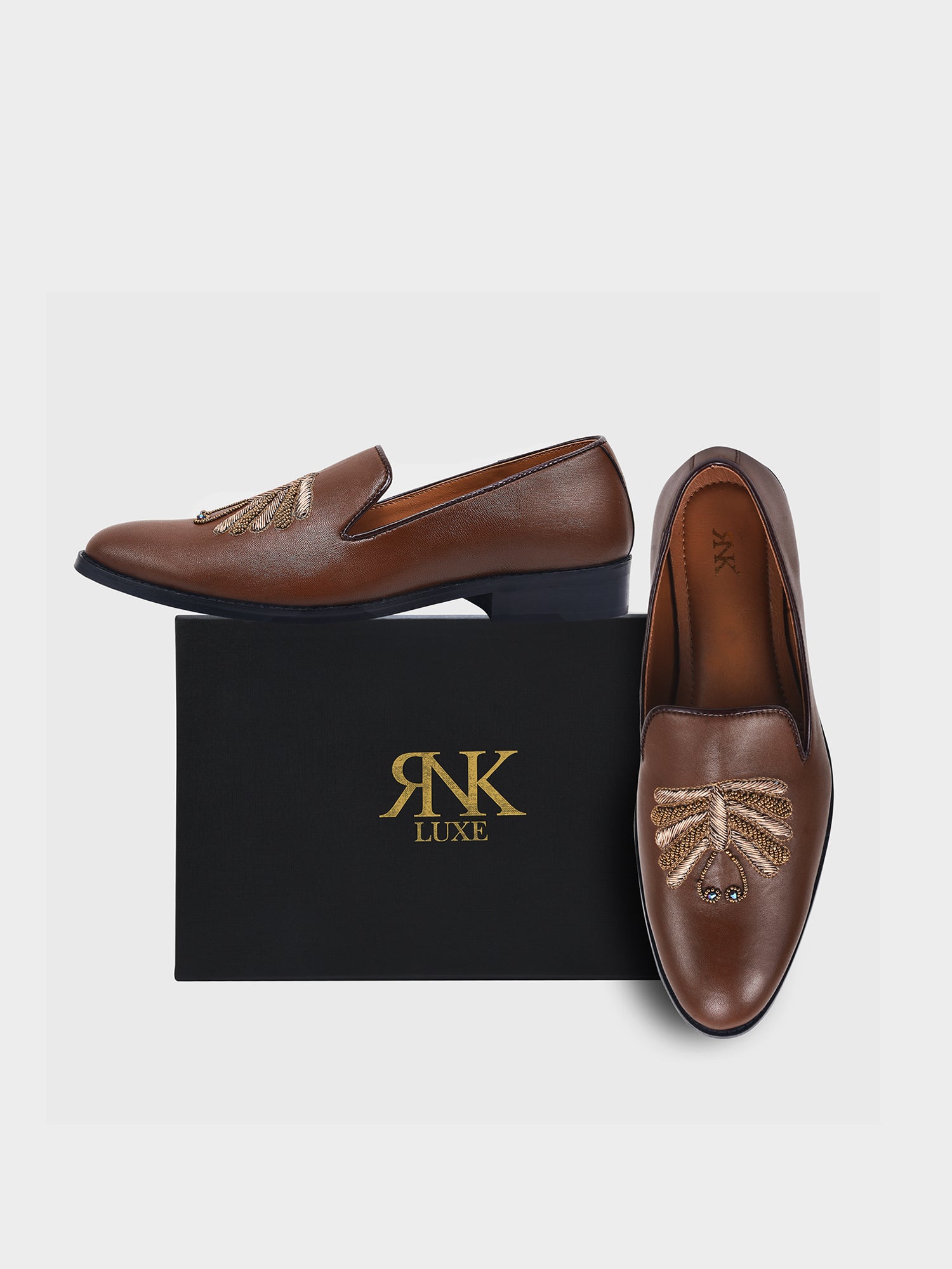 Brown Zardozi Work Leather Loafers Mojari Slip-ons