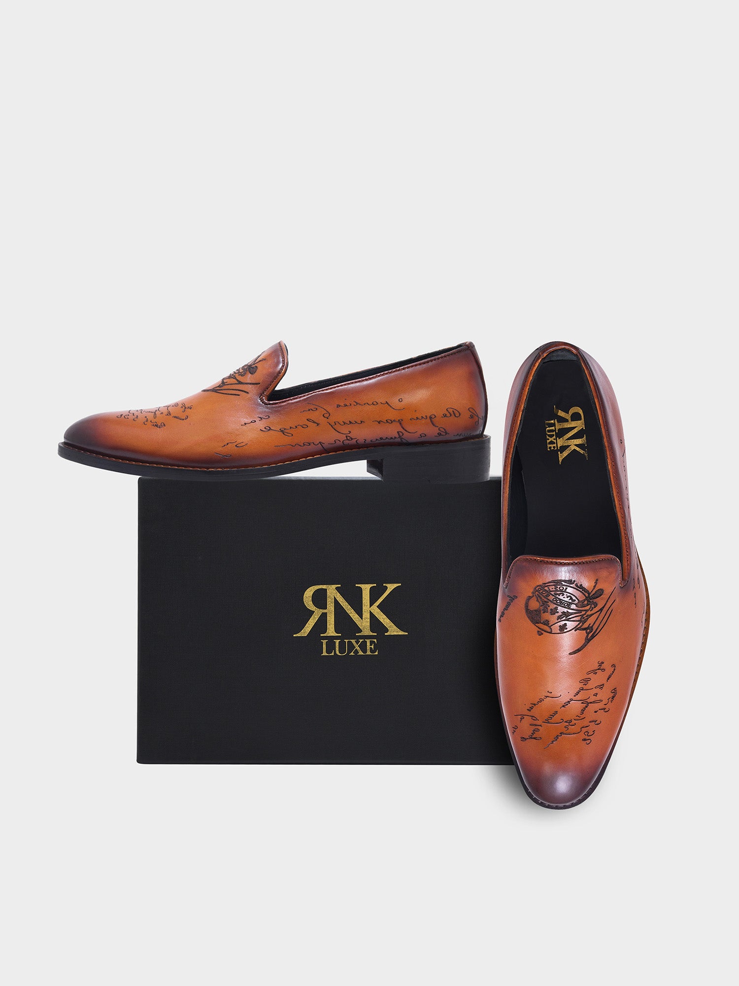 The Vinci Slipons - Hand Painted Slip-ons in Burnished Tan with Script Engraving