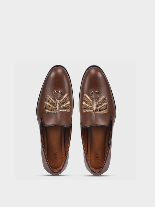 Brown Zardozi Work Leather Loafers Mojari Slip-ons