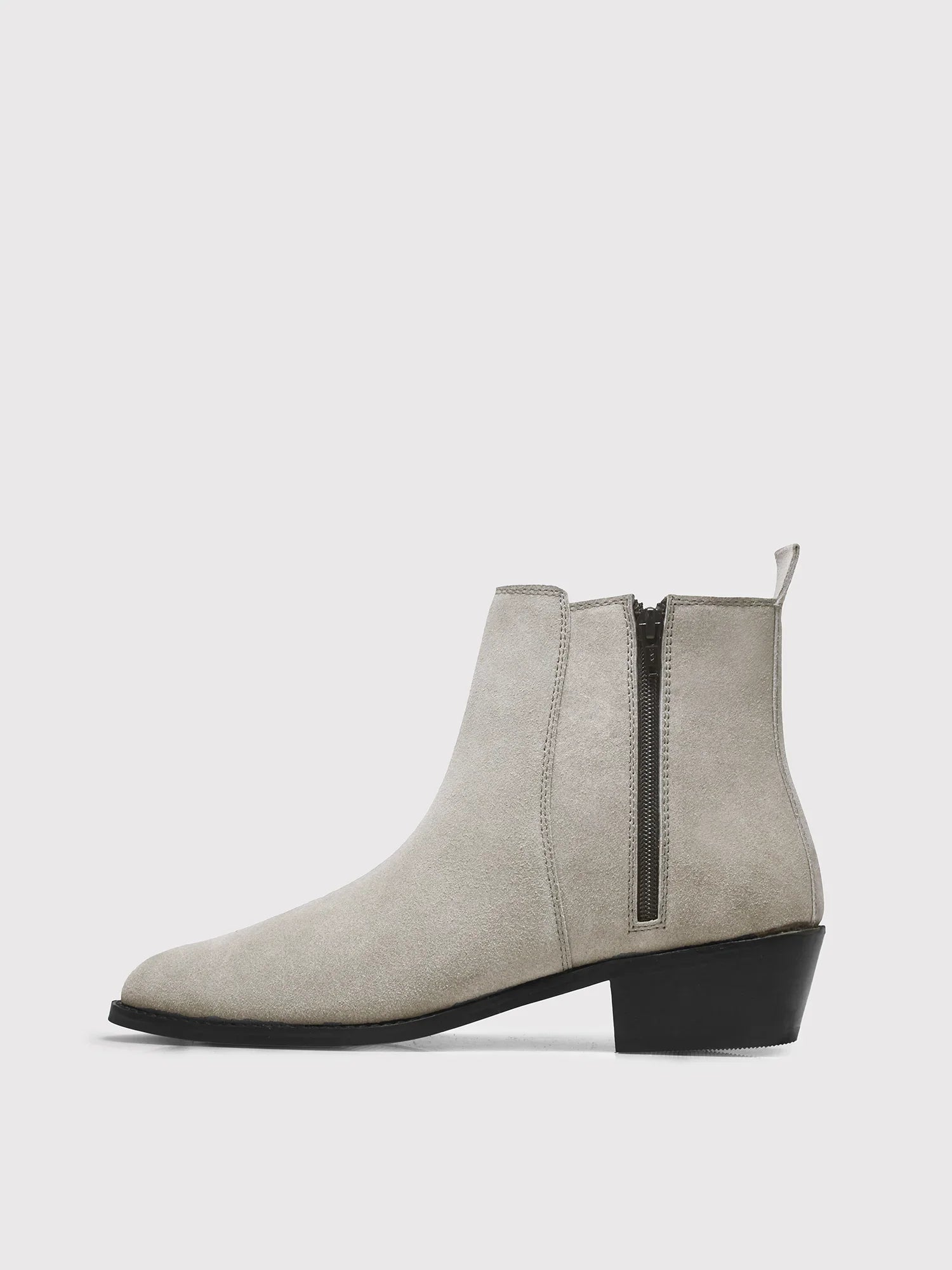 A men's luxury suede leather Chelsea boot with a cuban heel and zip side panels, in a gray color.
