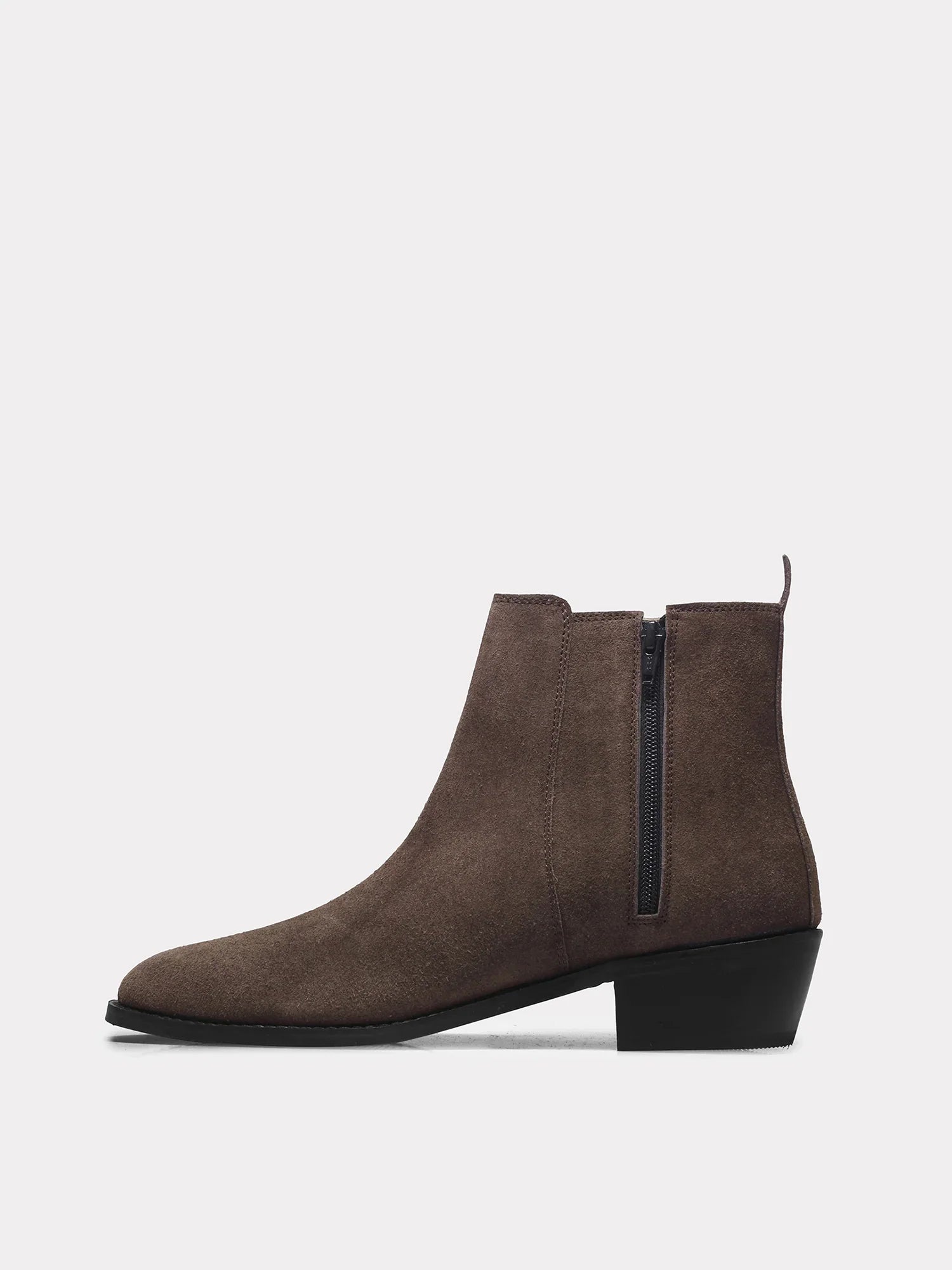 A men's luxury suede leather Chelsea boot with a cuban heel and zip side panels, in a brown color.