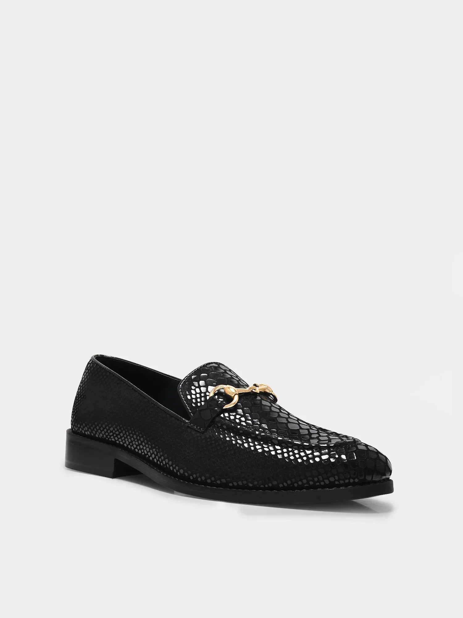 Python textured black leather boots with horsebit buckle on a mid heel