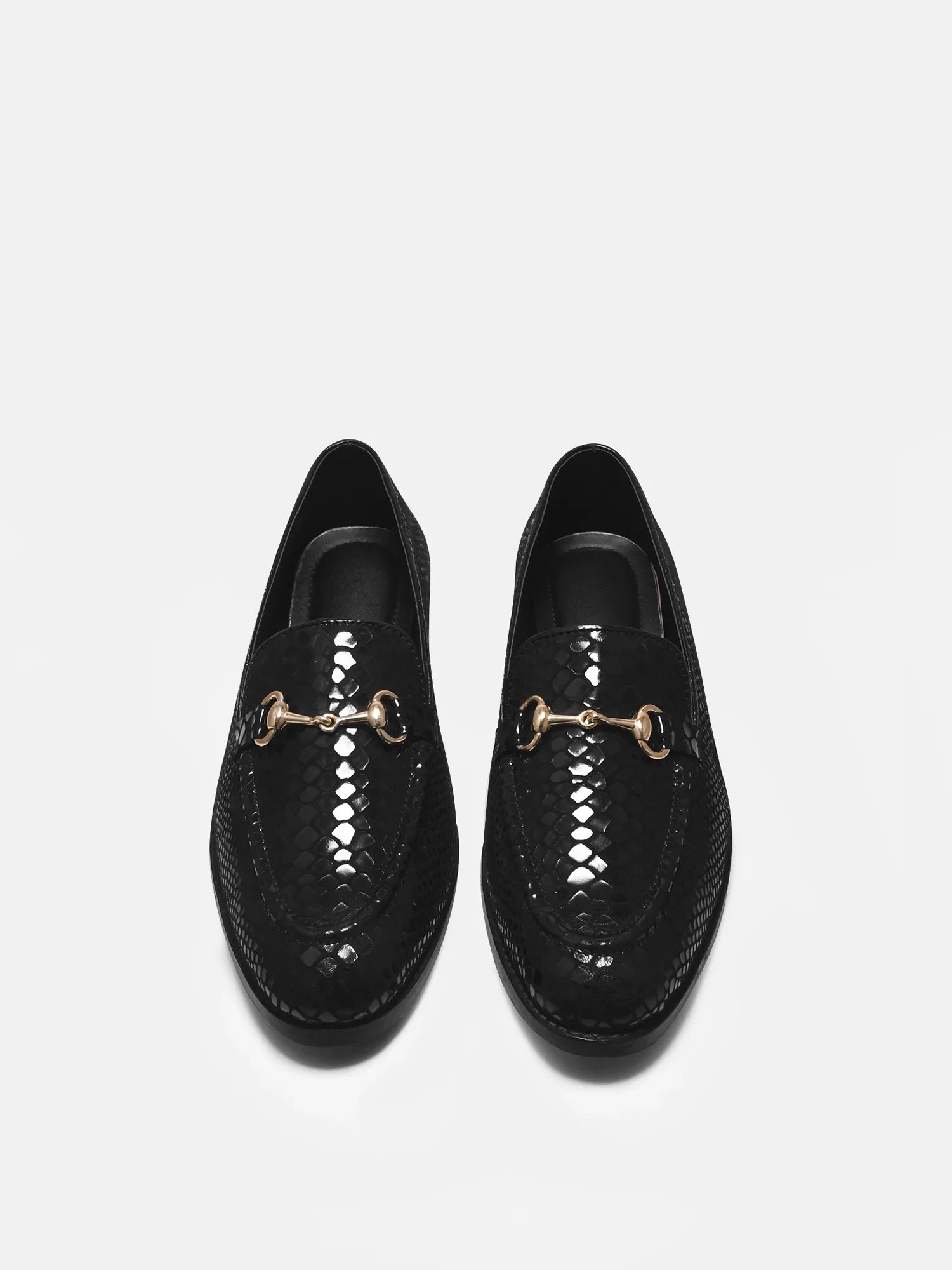 Python textured black leather boots with horsebit buckle on a mid heel