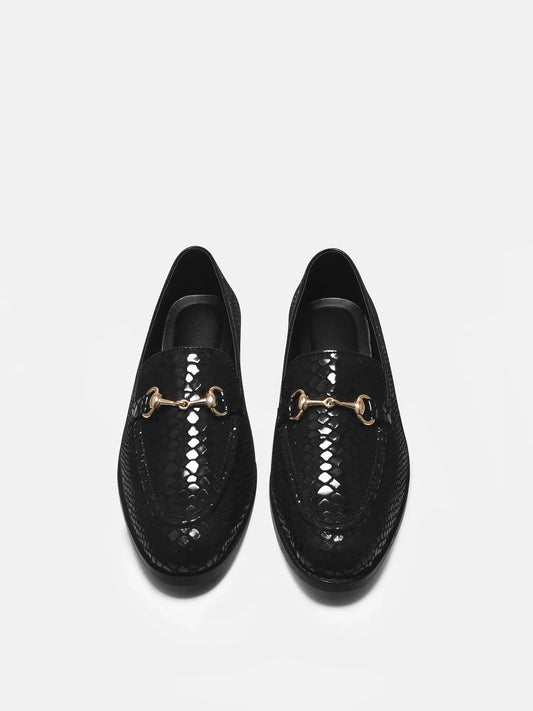 Python textured black leather boots with horsebit buckle on a mid heel