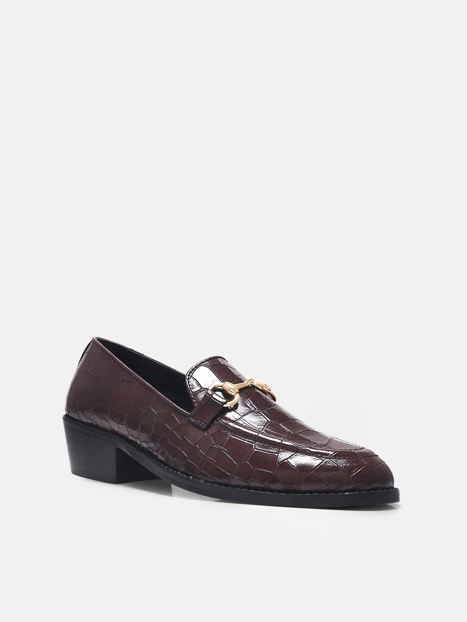 Crocodile textured brown leather loafers with horsebit buckle on Cuban heel