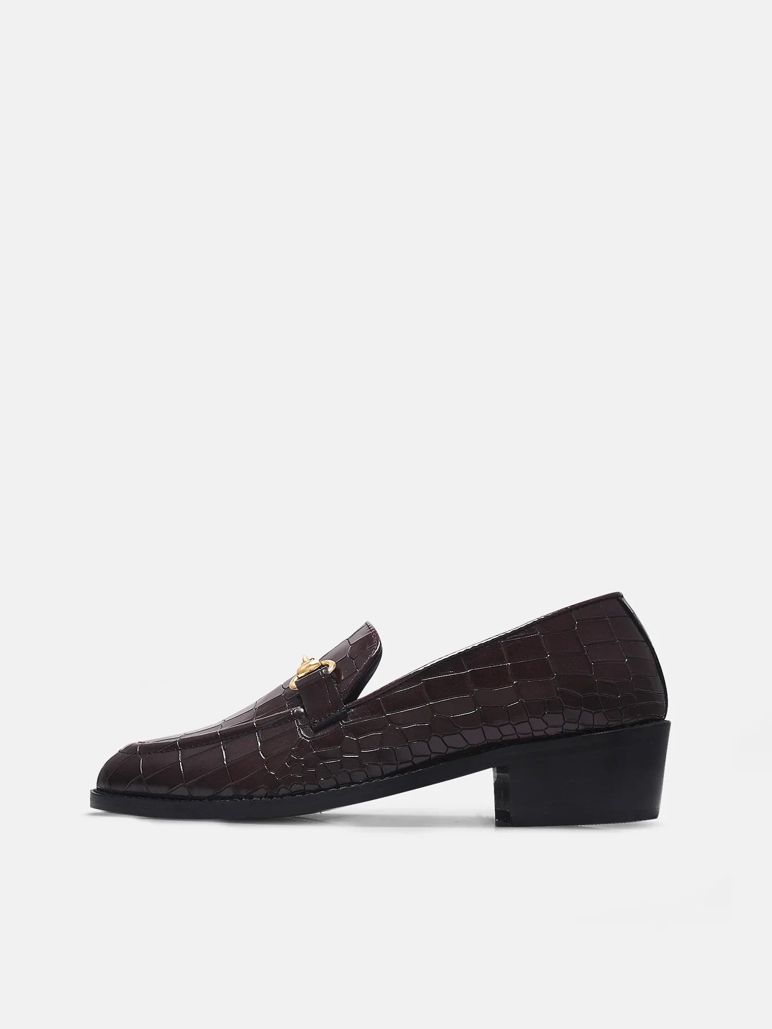 Crocodile textured brown leather loafers with horsebit buckle on Cuban heel