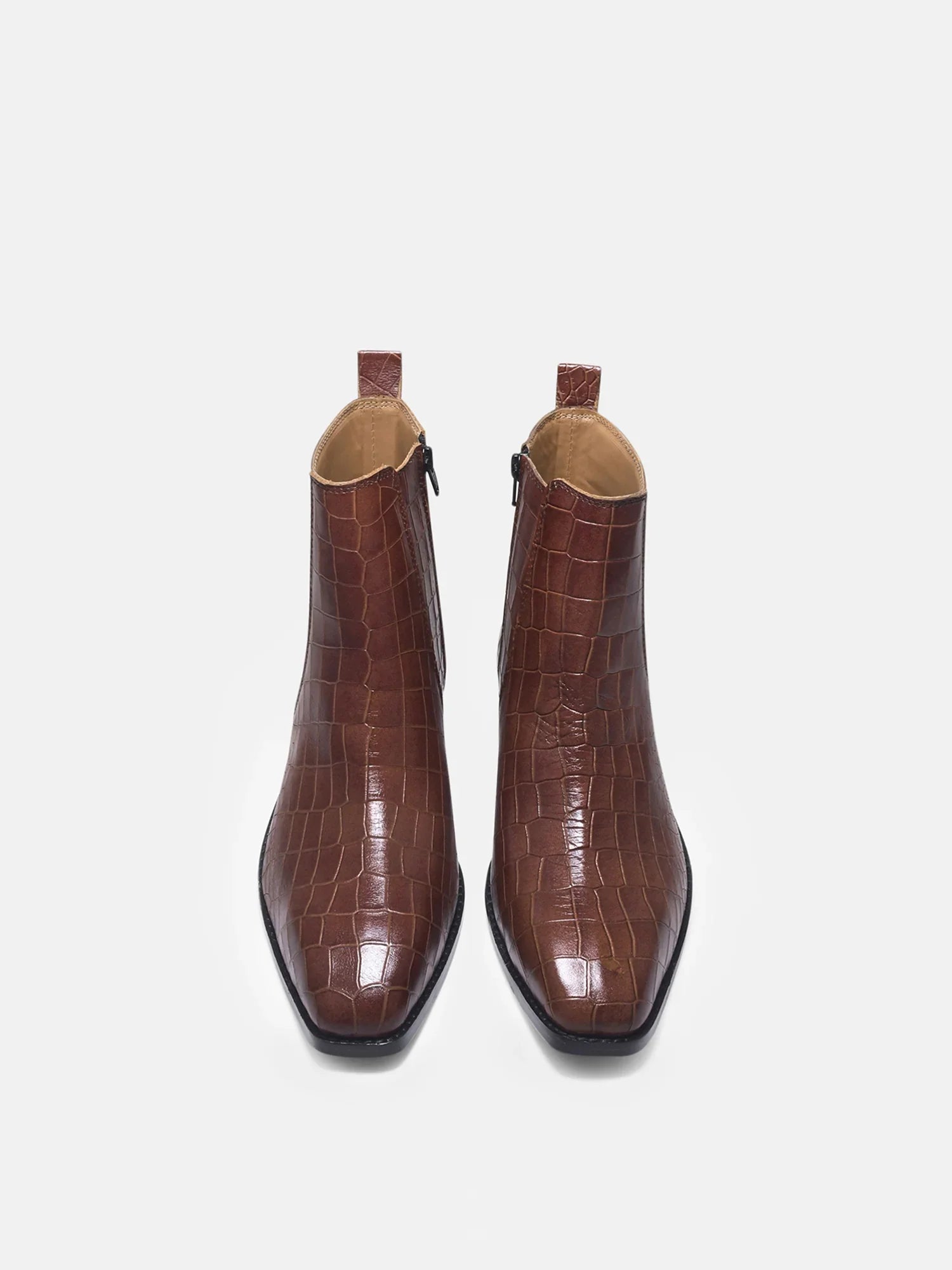 Tan colour crocodile textured leather boots with side zip on a Cuban heel