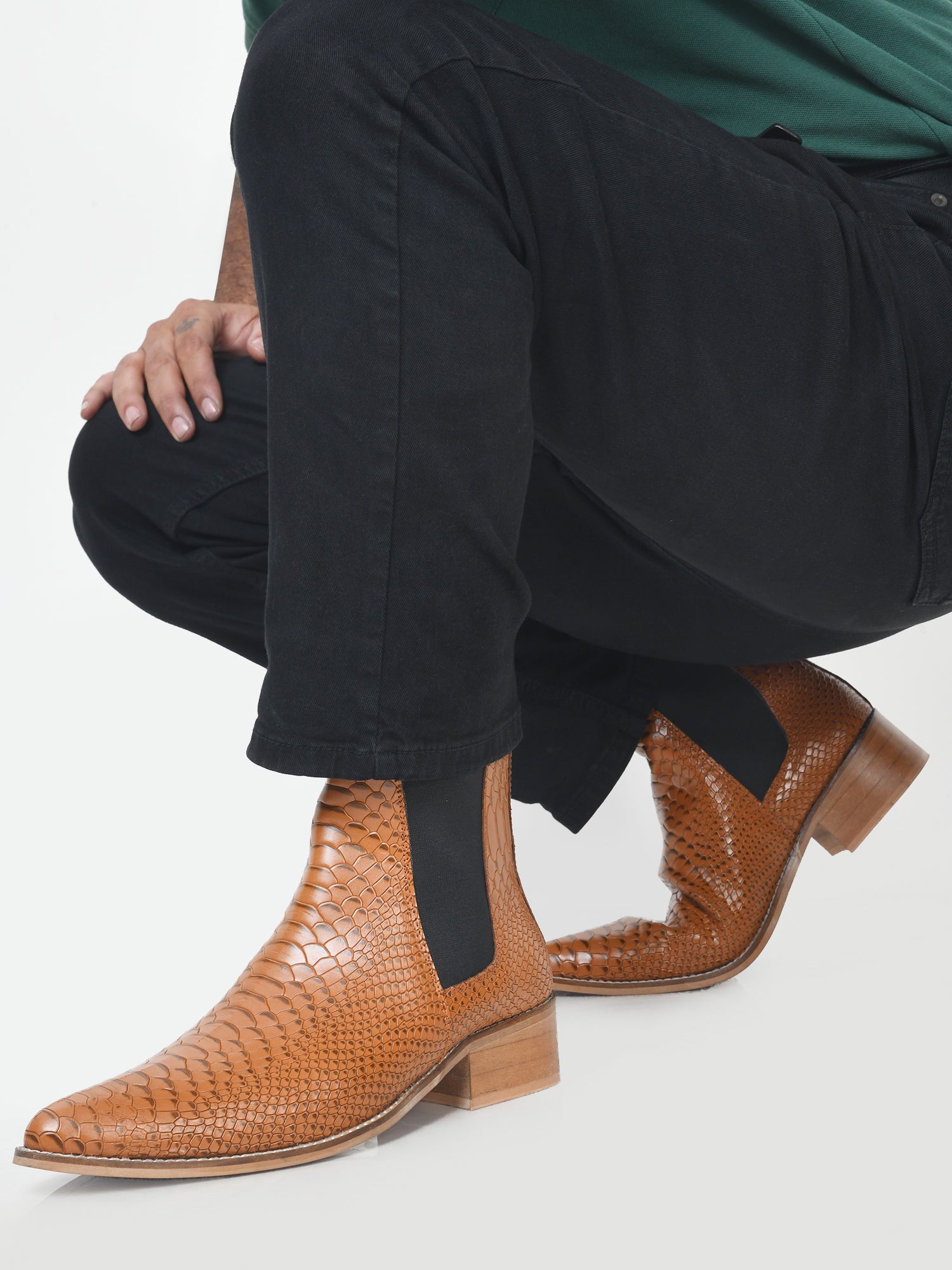 Textured Leather Chelsea Boots in Tan