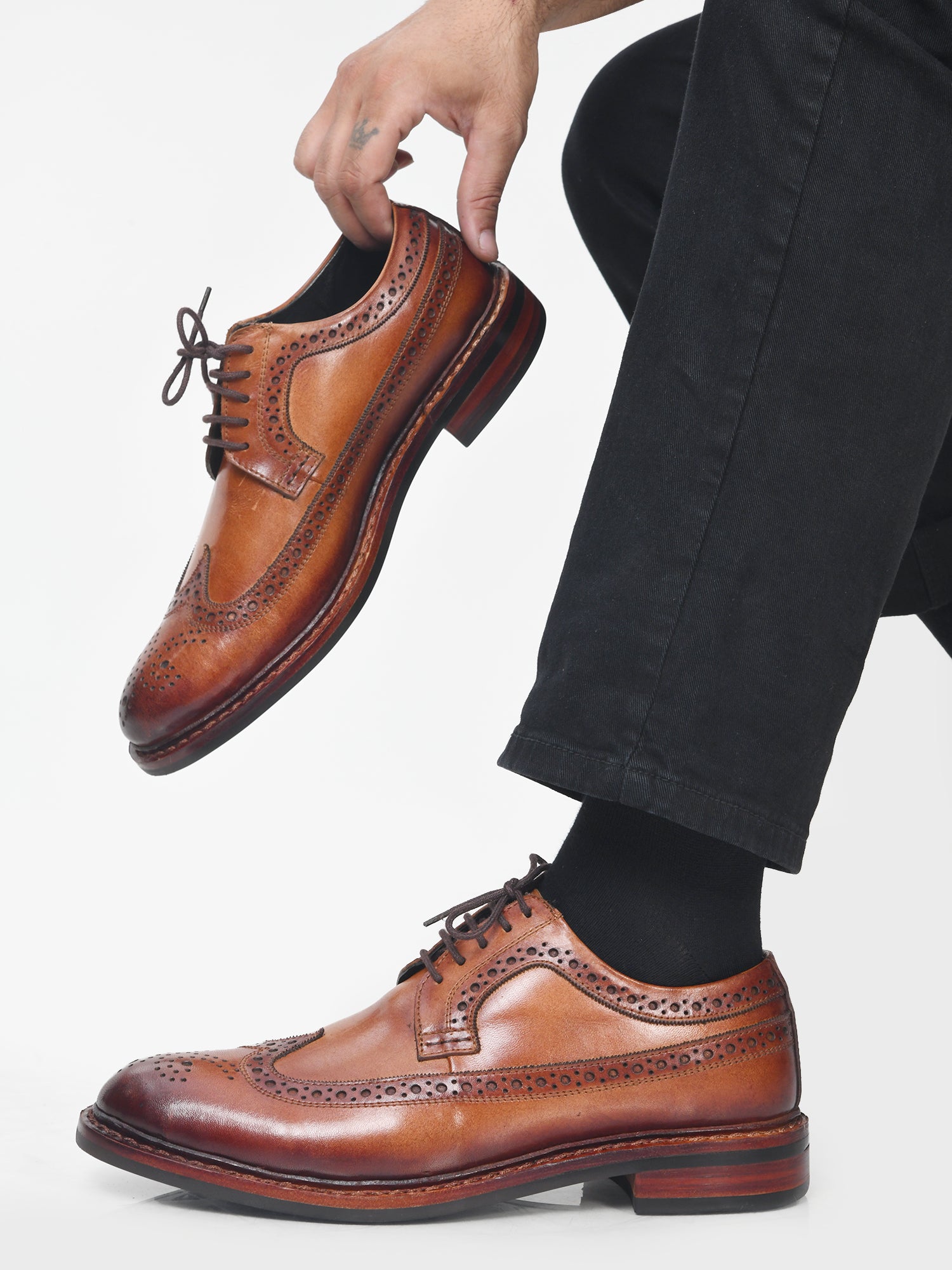 The Oxfordshire — Goodyear Welted Full Brogue Derby in Hand-Patina Tan Calf Leather | RNK LUXE