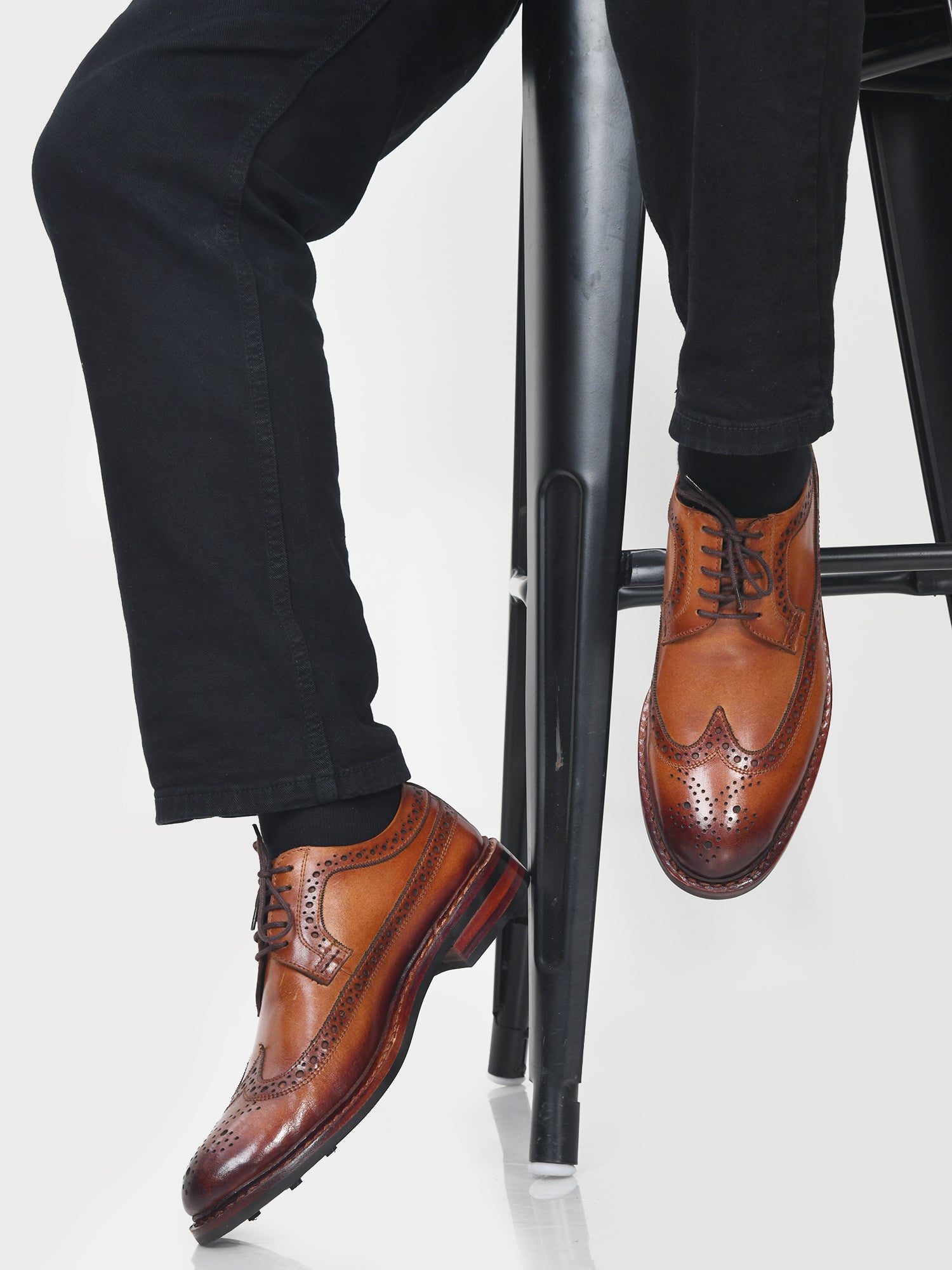 The Oxfordshire — Goodyear Welted Full Brogue Derby in Hand-Patina Tan Calf Leather | RNK LUXE