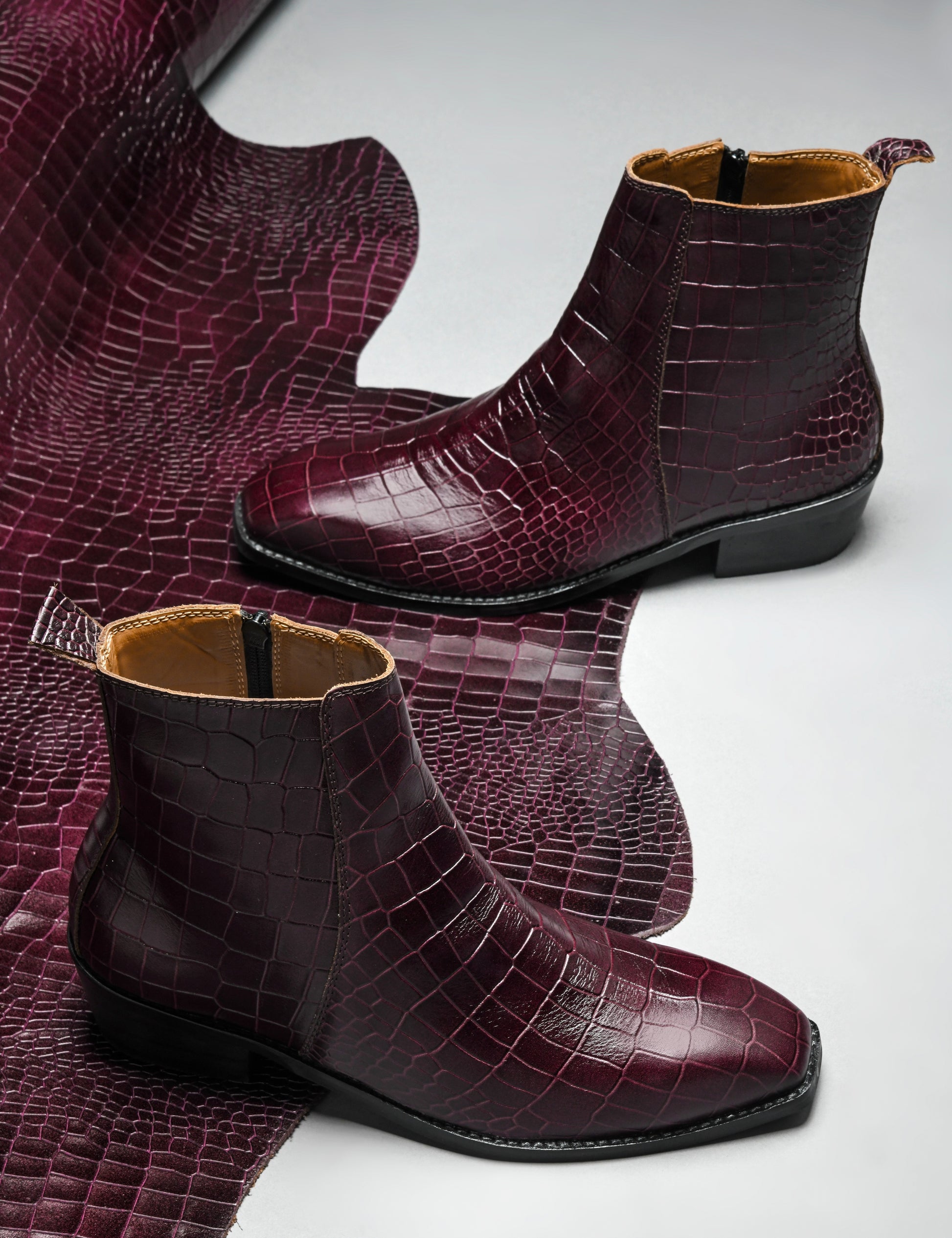 Crocodile textured boots on mid hell in colour burgundy